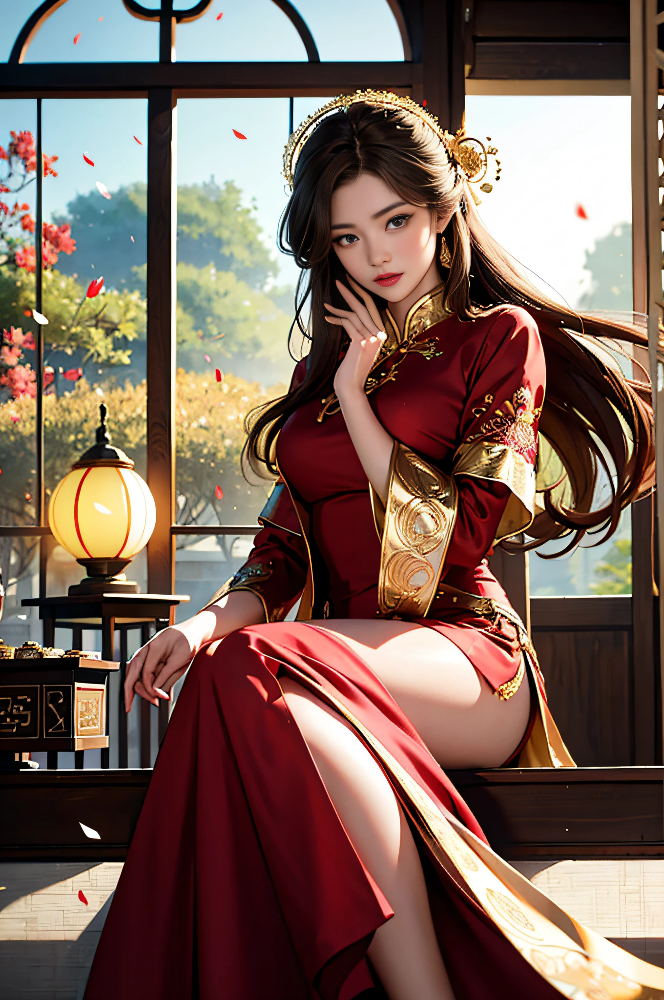 best quality, masterpiece, highres, (exquisite body:1.5),gorgeous face,(milky skin:1.3),intricate details,high resolution,wallpaper,
1girl, solo, dress, hair ornament, (((gold and red dress))), flowers, long hair, brown hair, closed mouth, jewelry, long sleeves, hand up, wide sleeves, big eyes,floating hair, chinese clothes, hanfu, embroidery, long skirt, natural pose, falling petals, indoor,fanning, lantern,
16K,HDR,highres,depth field,(film grain:1.1),boken,golden hour,(lens flare),vignette,rainbowing,(color grading:1.5)