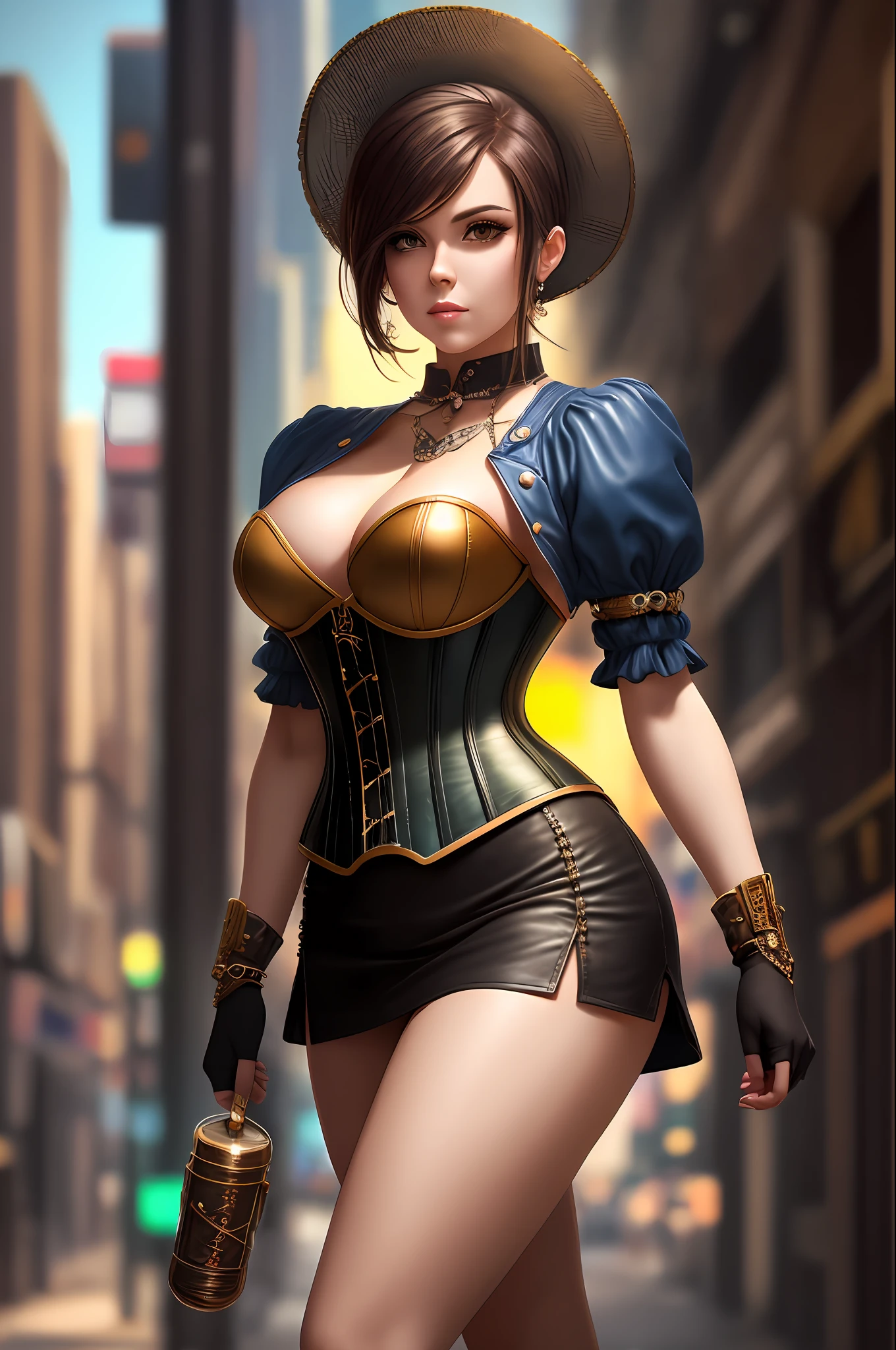 full shot,full body,an incredibly beautiful girl with a perfect figure dressed in a dark blue corset and a yellow leather short steampunk miniskirt stands on the street of a futuristic steampunk city, high resolution, clear focus, natural light, rim light, hdr, photorealism, joe bussenik style --auto --s2