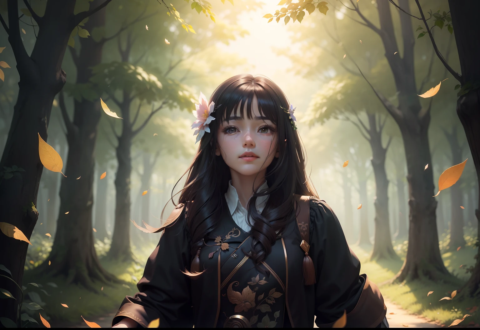 tmasterpiece，best qualtiy，（Very detailed CG unity 8k wallpaper）（best qualtiy），（Most Best Illustration），（best shadow） The delicate leaves of nature, petals of various colors fall in the air, light tracking，Super detailed close-up，teens girl --auto --v6