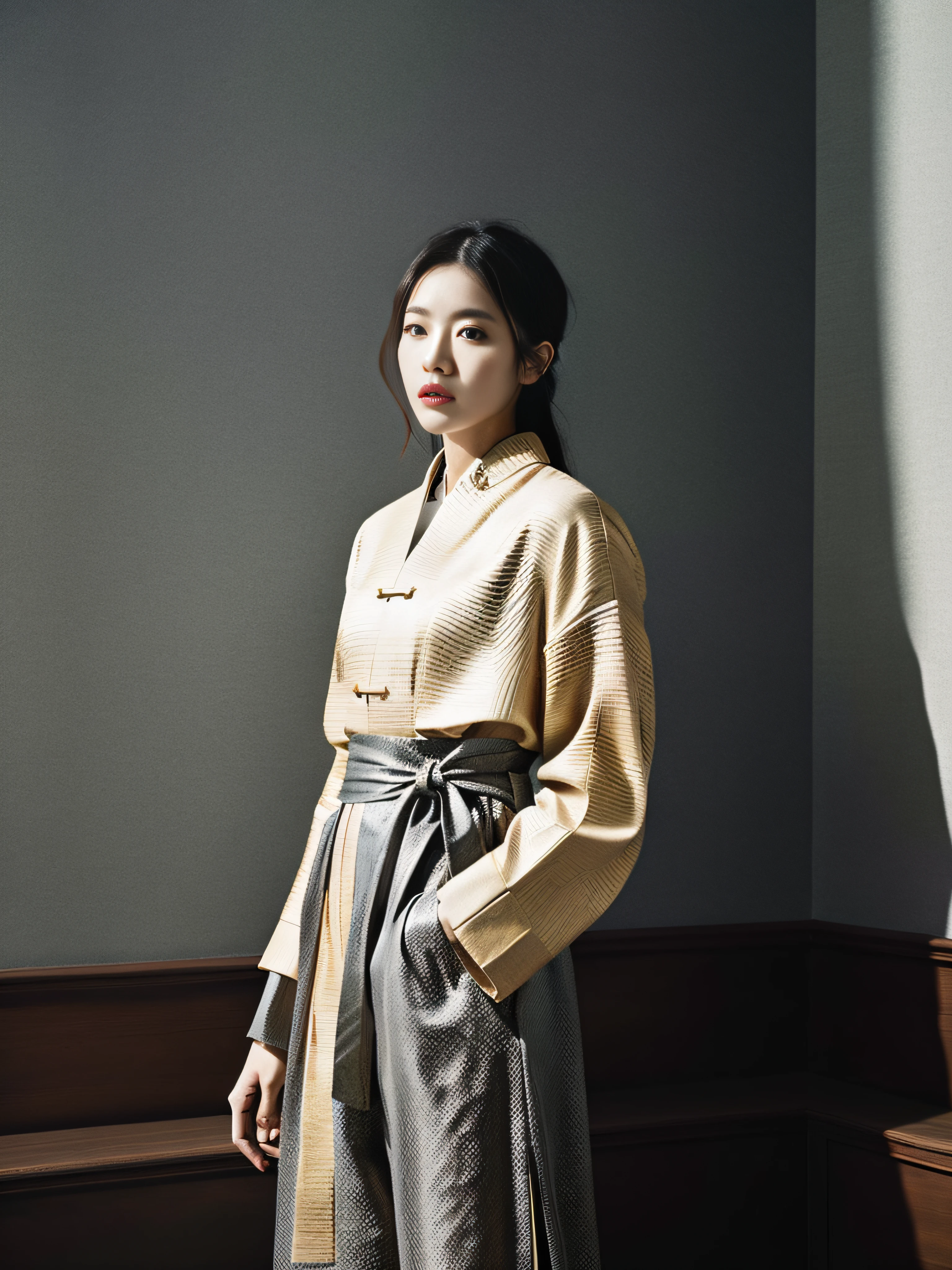 a guy,fashion magazine,Black tones,terracotta warriors,streaked hair,Elegant and stylish clothing,Minimalist interior design,cowboy shot,masterpiece,textured skin,award winning,best quality,bon chic bon genre outfit,minimal interior design,Mountains and Seas Sutra