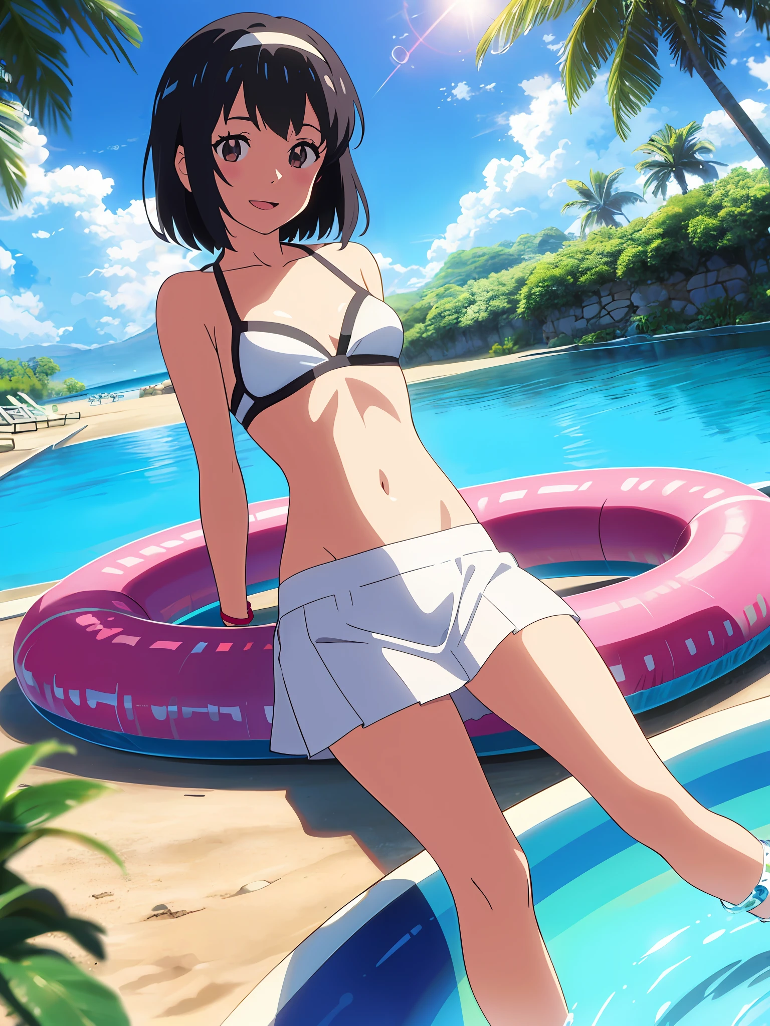 shinkai makoto, kimi no na wa., 1girl, bangs, black hair, brown eyes, headband, red headband, anklet, short hair, smile, pool, outdoors, splashing, summer, shadow, solo, day, open mouth, blush, looking at the viewer, cowboy shot, blue sky, happy, cloudy_sky, sunlight, bikini, white bikini, short skirt, masterpiece, beach, sand, ocean, palm tree, island, bubble, lens_flare, masterpiece, innertube,