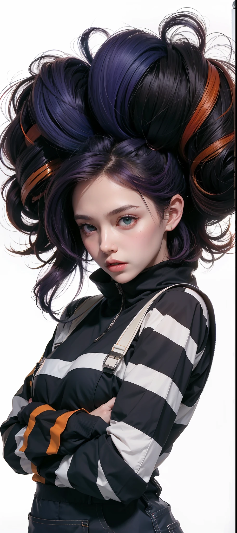 concept art, overhead angle of a Will-o'-the-wisp, wearing Funny Somali Emerald deep orange Pinafore, Caramel hair styled as Short hair, fluorescent purple Hair tie, equirectangular 360, Highres,  [(art by Willi Baumeister:1.1), (art by John T. Biggers:1.2)::17], official art, unity 8k wallpaper, ultra detailed, aesthetic, masterpiece, best quality, photorealistic