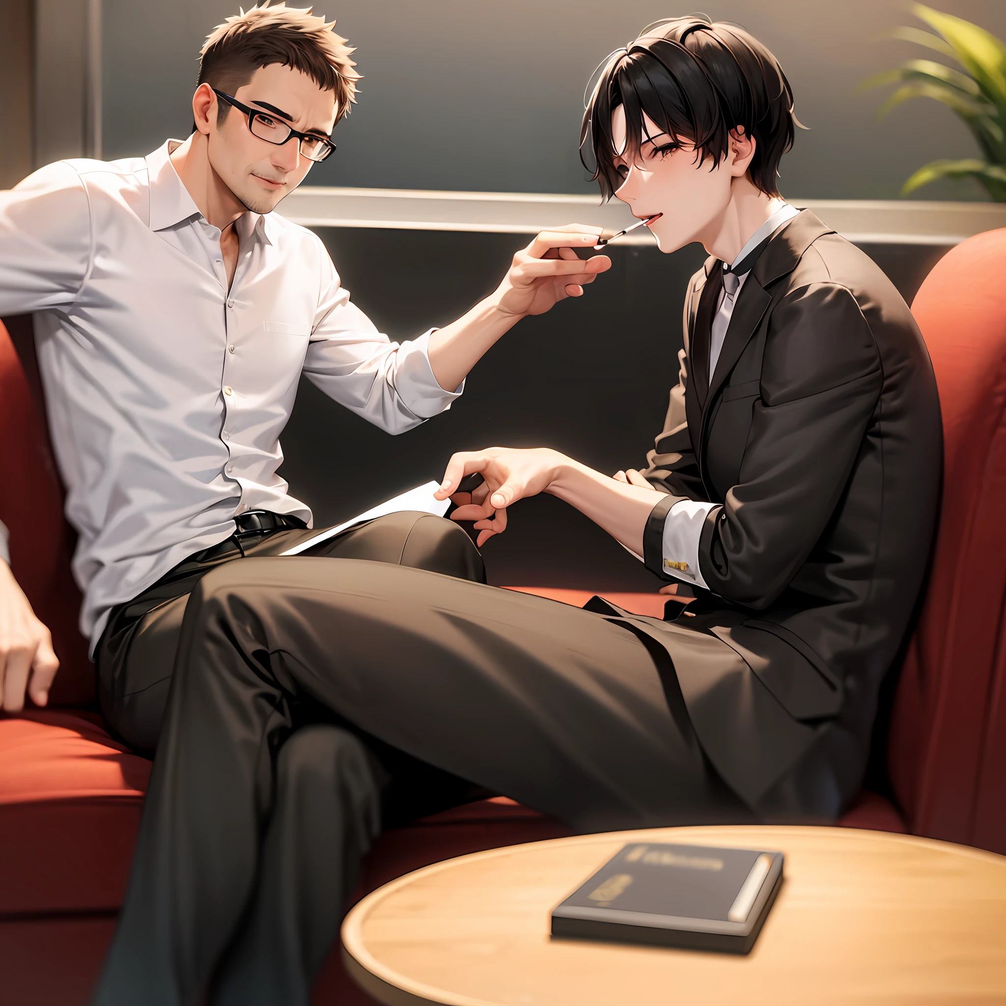 A middle-aged man，Sit cross-legged at the coffee table and drink tea，Smoking