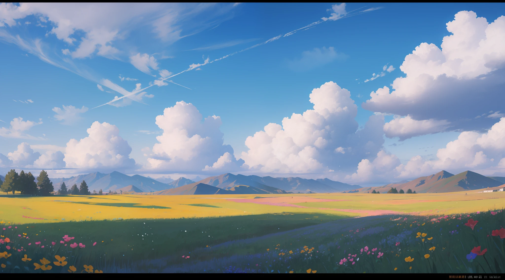 Summer, meadows, few small flowers, clear lakes, sheep, heaven, large clouds, blue sky, hot weather, HD detail, wet watermark, hyper-detail, cinematic, surrealism, soft light, deep field focus bokeh, distant view is snowy mountains, ray tracing, and surrealism. --v6