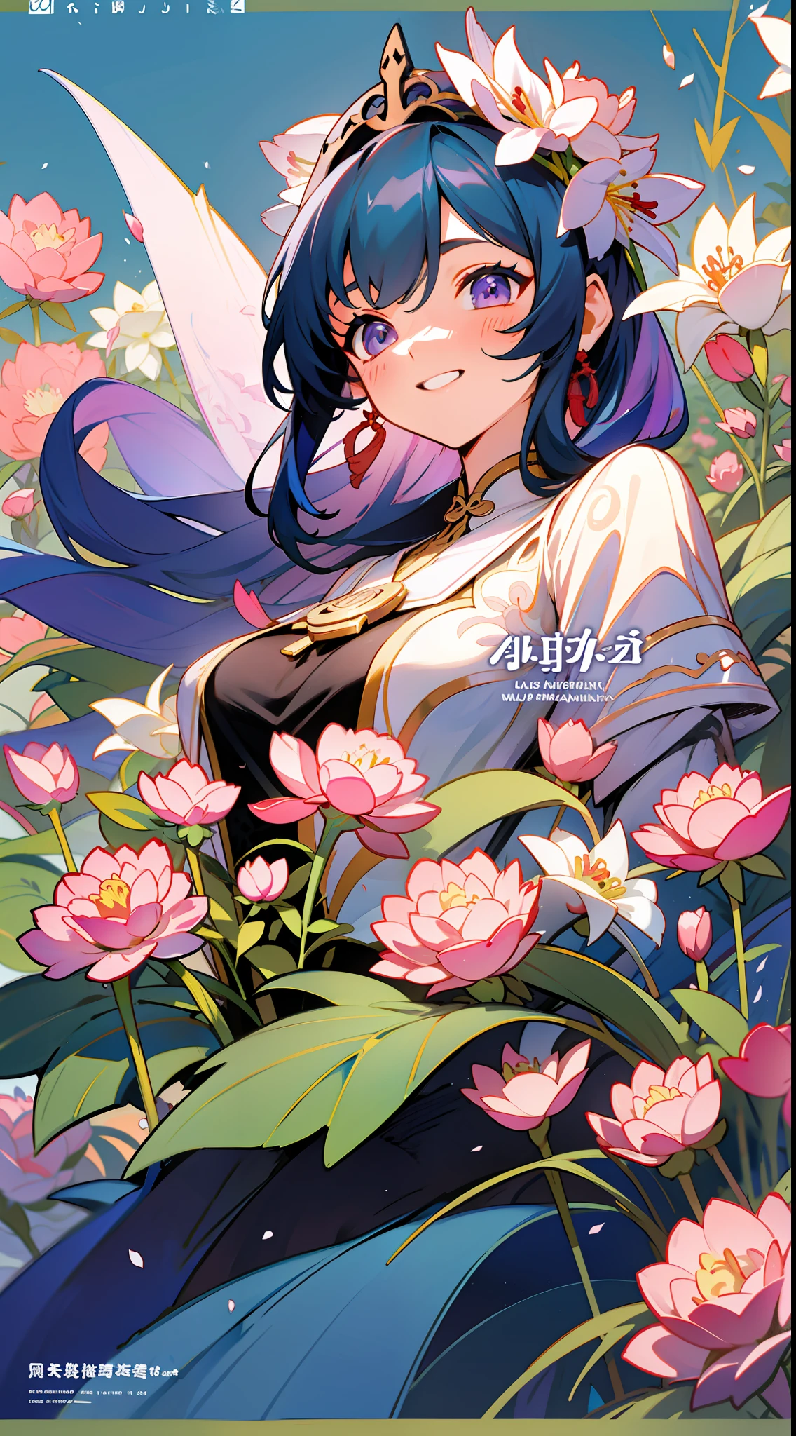 Gan Yu's influence on Yuanshin,Solid pink premium comic background，Slim figure，having fun，Purple shawl，Rose, Lily, Peonies, Blossom，Brilliant sunshine，A sea of flowers，Above the sky，Comic cover style，Comic title