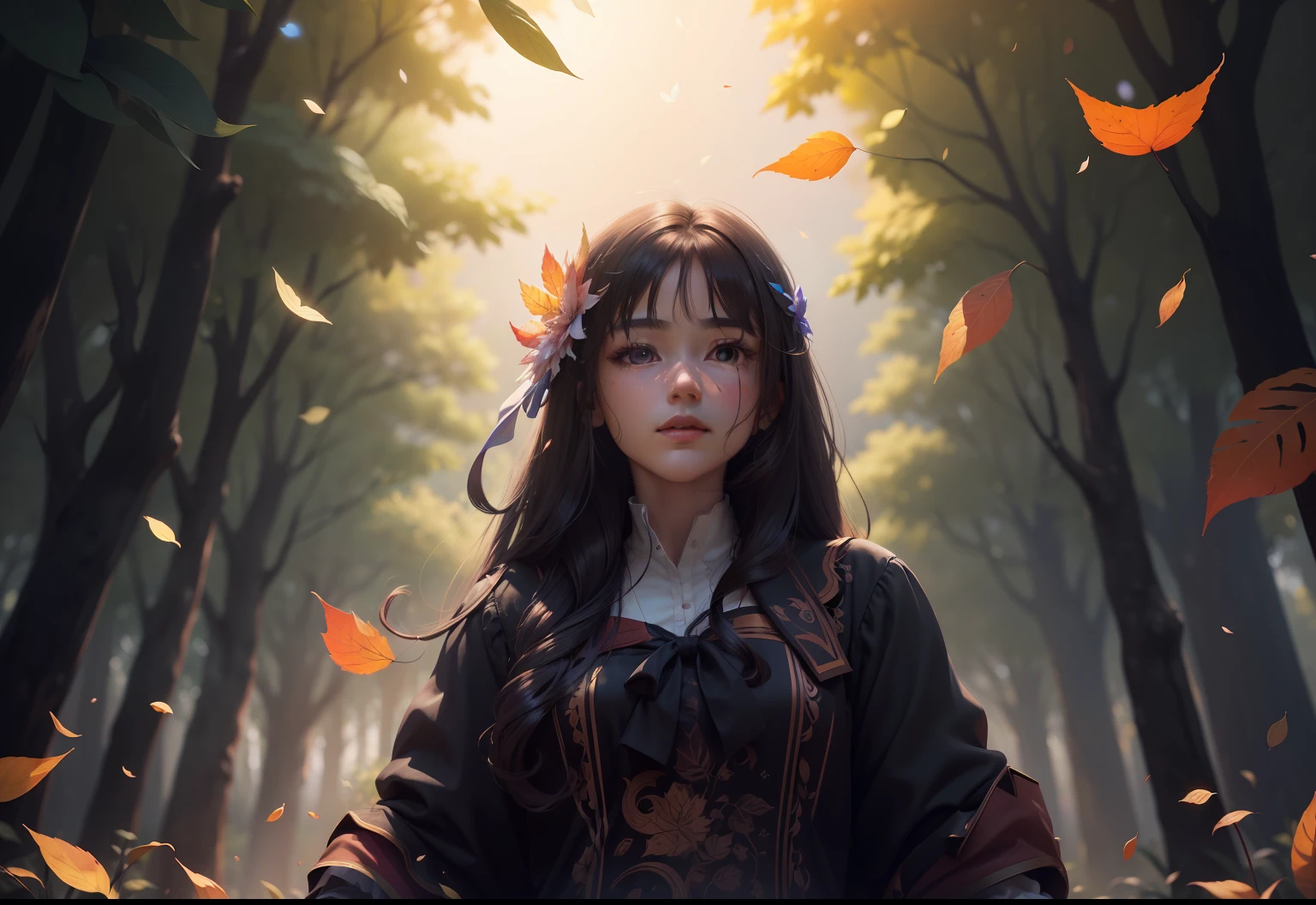 tmasterpiece，best qualtiy，（Very detailed CG unity 8k wallpaper）（best qualtiy），（Most Best Illustration），（best shadow） The delicate leaves of nature, petals of various colors fall in the air, light tracking，Super detailed close-up，teens girl --auto --v6