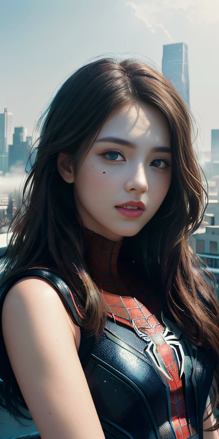 (1girl:1.3), Solo, (((Very detailed face)))), ((Very detailed eyes and face)))), Beautiful detail eyes, Body parts__, Official art, Unified 8k wallpaper, Super detailed, beautiful and beautiful, beautiful, masterpiece, best quality, original, masterpiece, super fine photo, best quality, super high resolution, realistic realism, sunlight, full body portrait, amazing beauty, dynamic pose, delicate face, vibrant eyes, (from the front), She wears Spider-Man suit, red and black color scheme, spider, very detailed city roof background, rooftop, overlooking the city, detailed face, detailed complex busy background, messy, gorgeous, milky white, highly detailed skin, realistic skin details, visible pores, clear focus, volumetric fog, 8k uhd, DSLR, high quality, film grain, fair skin, photo realism, lomography, futuristic dystopian megalopolis, translucent