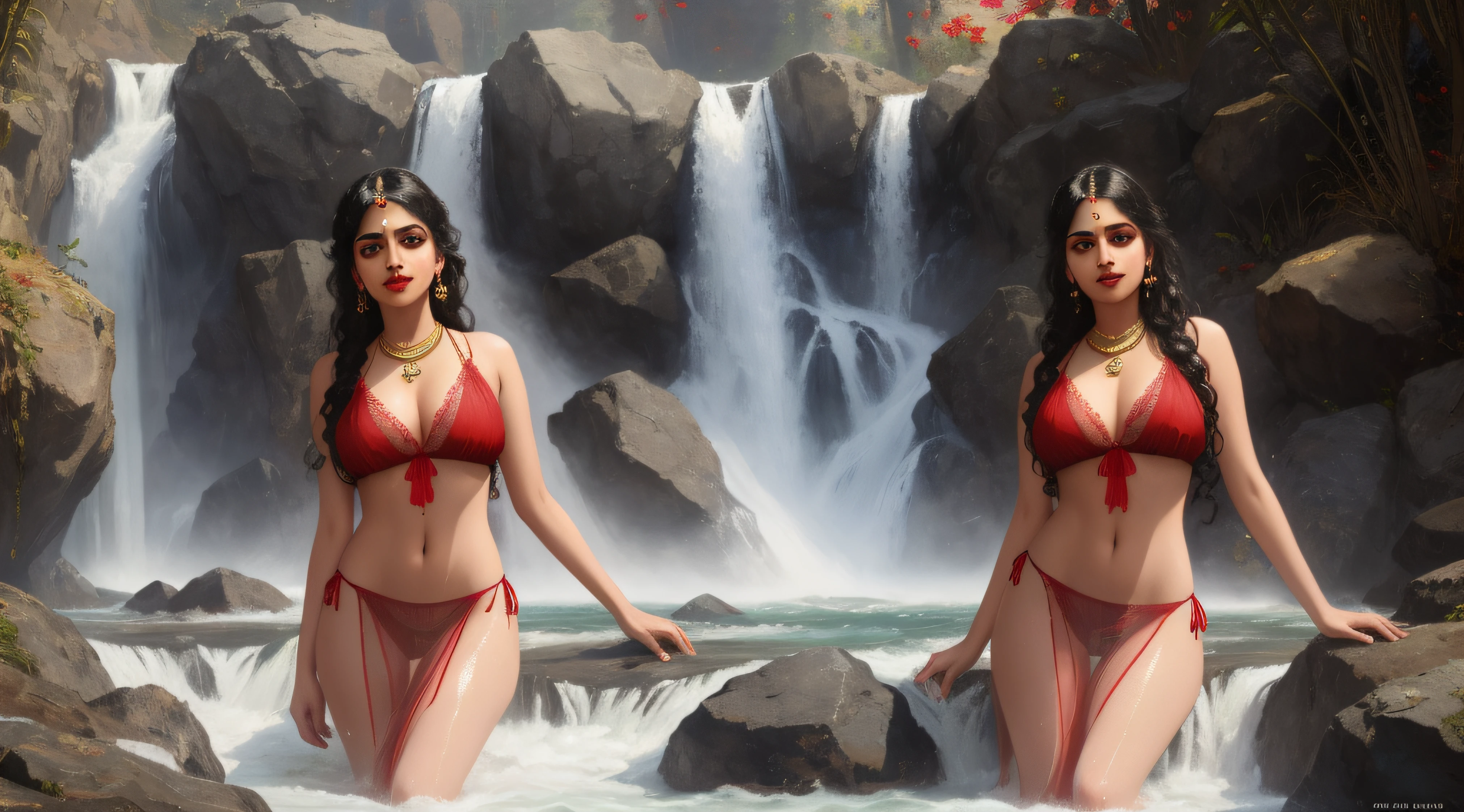 ((( by artist Raja Ravi Varma ))), Nair Lady taking bath in a water falls, see through dress, licking lips, (big boobs:1.2), deep cleavage, wearing thin red lace see-through bikini, red lips, seductive gaze, posing provocatively, innocently, make love with girl real photo volumetric lighting, photo-realistic, ultra detailed, best quality, Realistic, 8K, ultra-detailed, Unreal Engine, midjourney art style