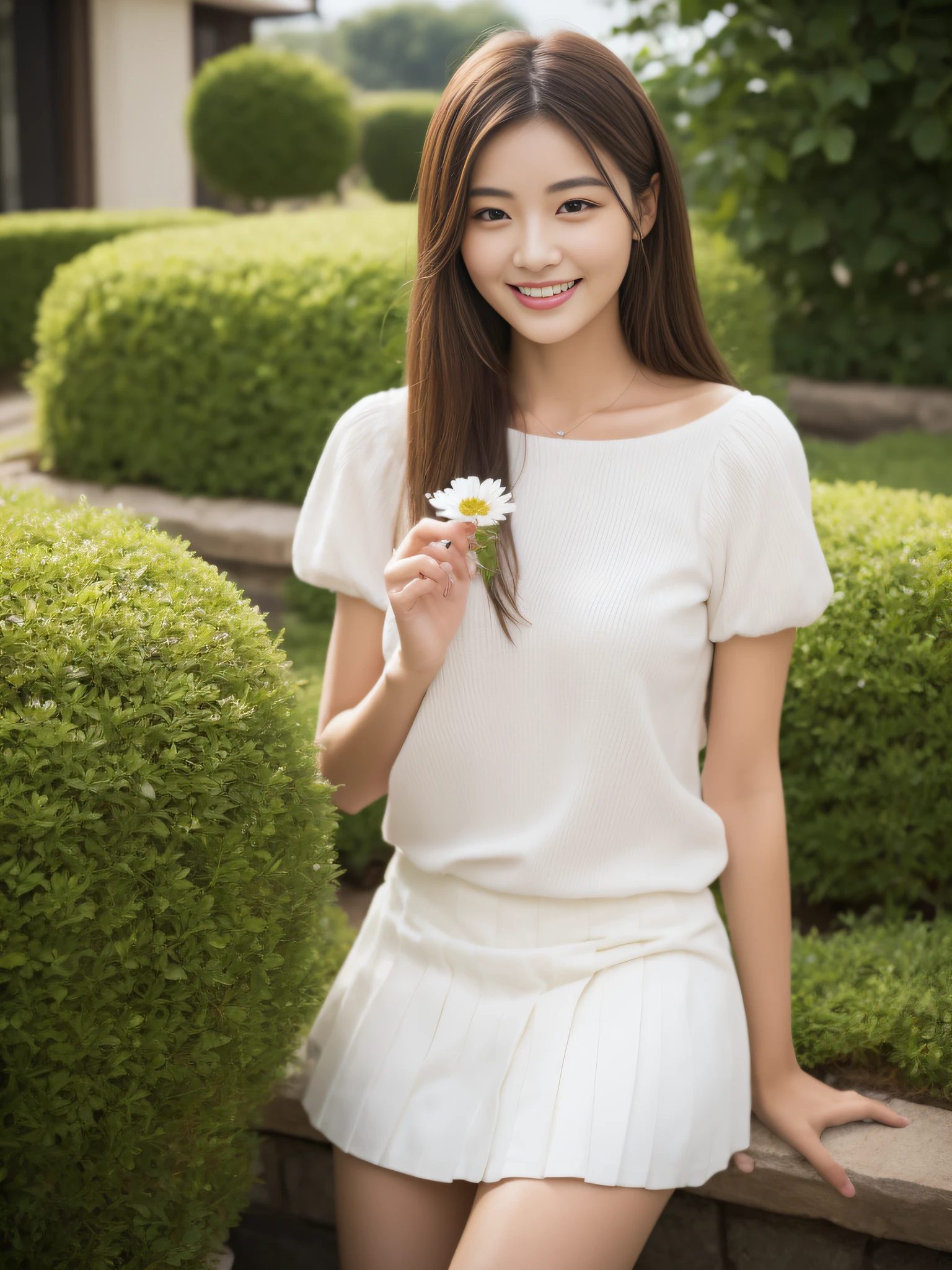 Whole human body、独奏、high picture quality、highly quality、ultra realisitic、Wearing a white skirt and white blouse、valley、long brown hair、In front of the flower bed、a smile、japanese pretty woman、Beautiful eyes、Beautiful face