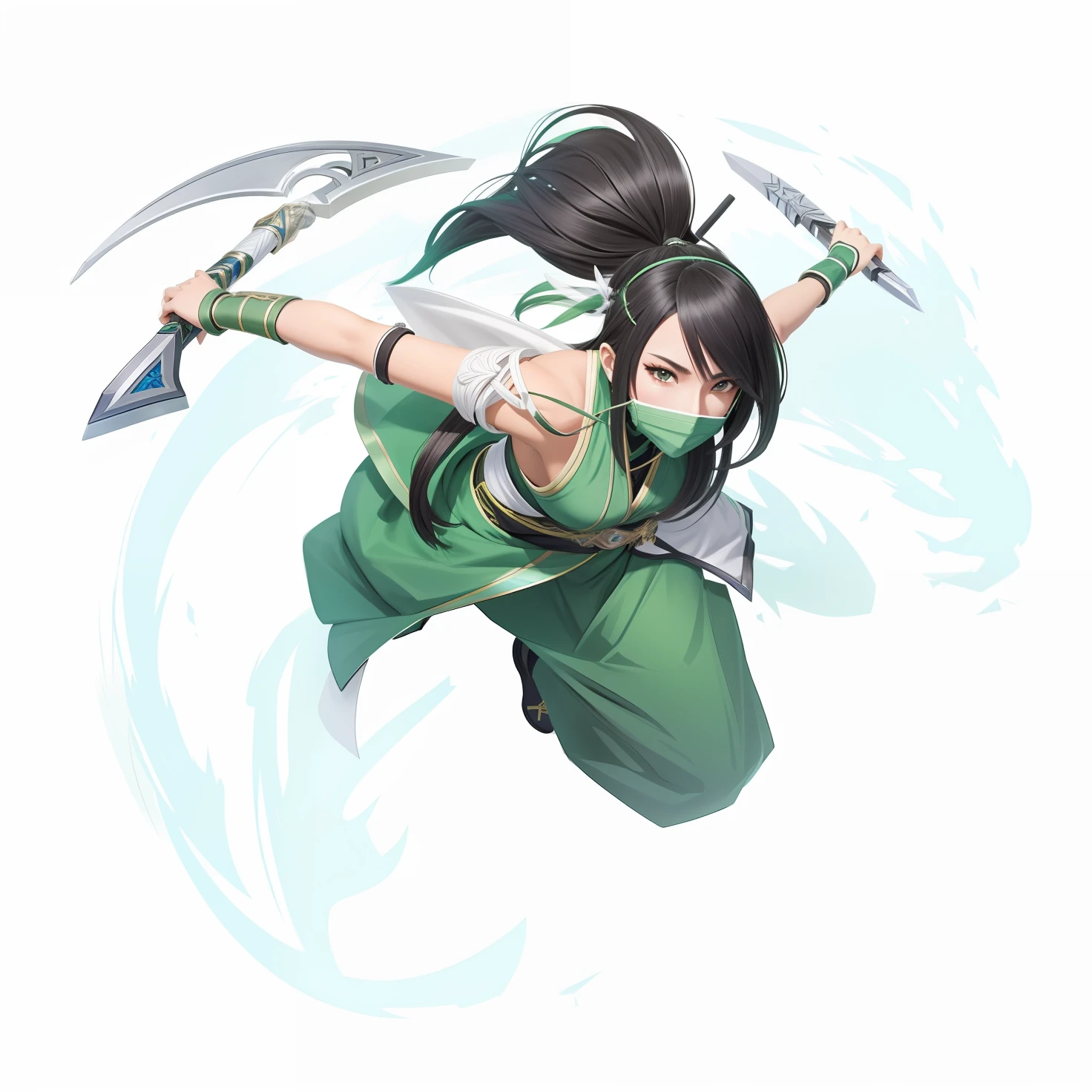 Garota de anime com uma espada e uma roupa verde voando pelo ar, Akali, Akali de League of Legends, inspirado em Shen Zhou, Personagem de videogame Katana Zero, mystic ninja, Kunoichi, empunhando kunai, MK Ninja, hero 2 d fanart artsation, personagem de jogo de luta, Steven Artgerm Quatro, Artgerm Plano
