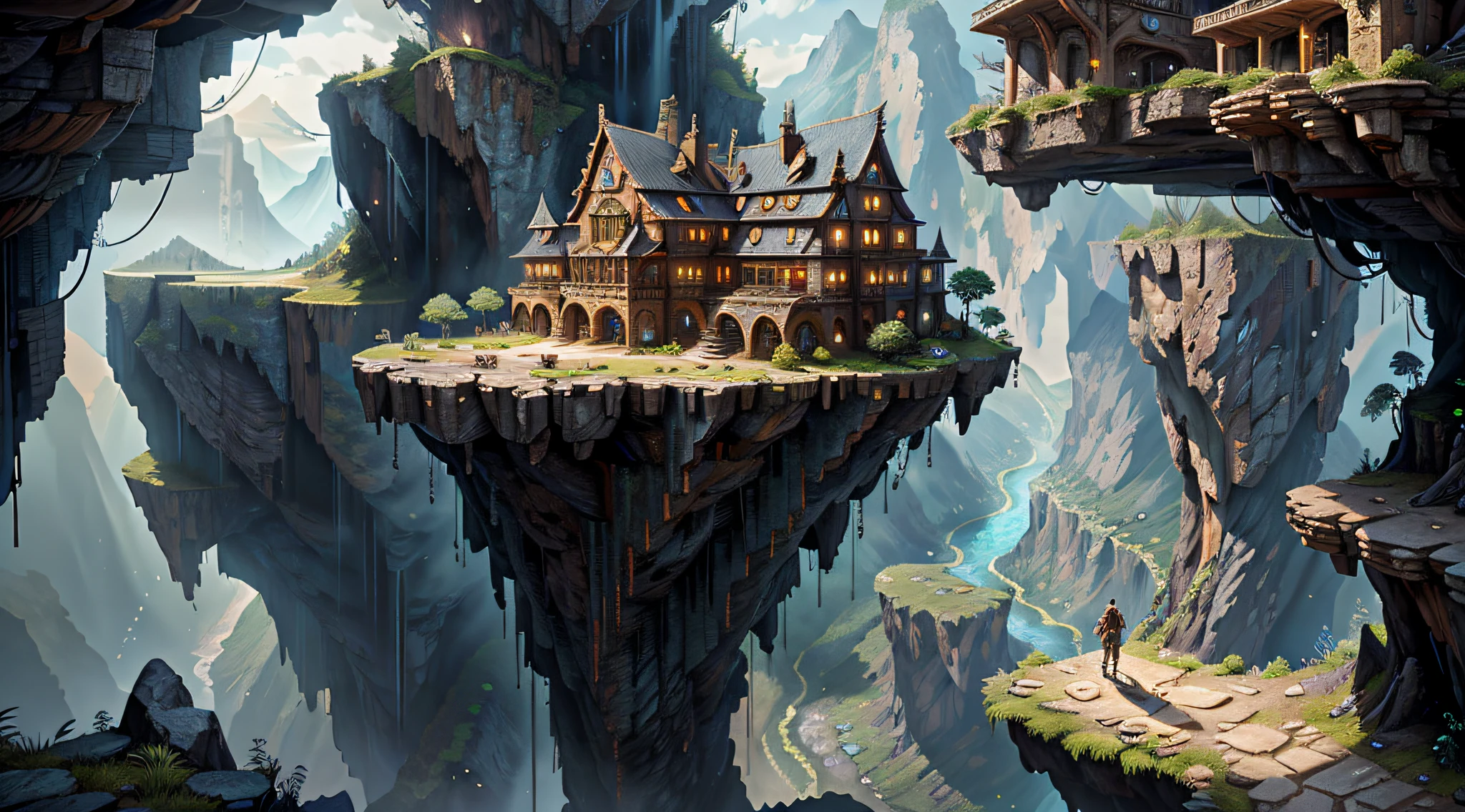 Movie, Relaxation Concept Art, Very Detailed Multiplayer Scene Interactivity, (Man), Woman, Beautiful Artwork Illustration, Detailed Landscape, Highly Detailed Scene, Environmental Design Illustration, Nature, Center Epic Building, Warmth, Night Glow, Original, HDR, (Cliff, Waterfall, Abyss, Rock, Cliff Edge House:1.3), Movie, Slate Grey, Dramatic Light, Architecture, Man Woman, Post-Impressionism, Key Vision, Biophilic Tanzania Bridge, At Twilight, Hair Light, Hearthstone artwork, Unreal Engine