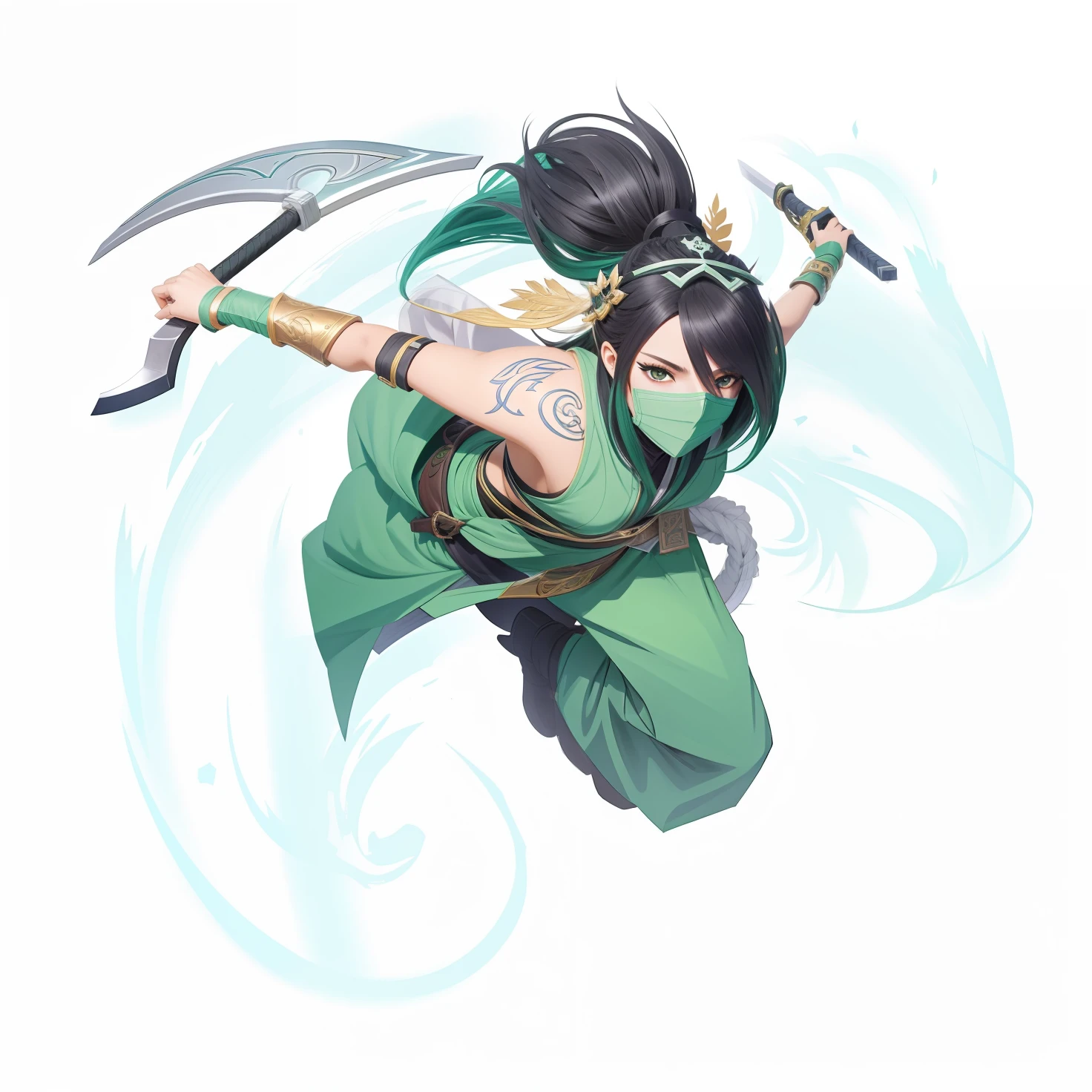 Garota de anime com uma espada e uma roupa verde voando pelo ar, Akali, Akali de League of Legends, inspirado em Shen Zhou, Personagem de videogame Katana Zero, mystic ninja, Kunoichi, empunhando kunai, MK Ninja, hero 2 d fanart artsation, personagem de jogo de luta, Steven Artgerm Quatro, Artgerm Plano