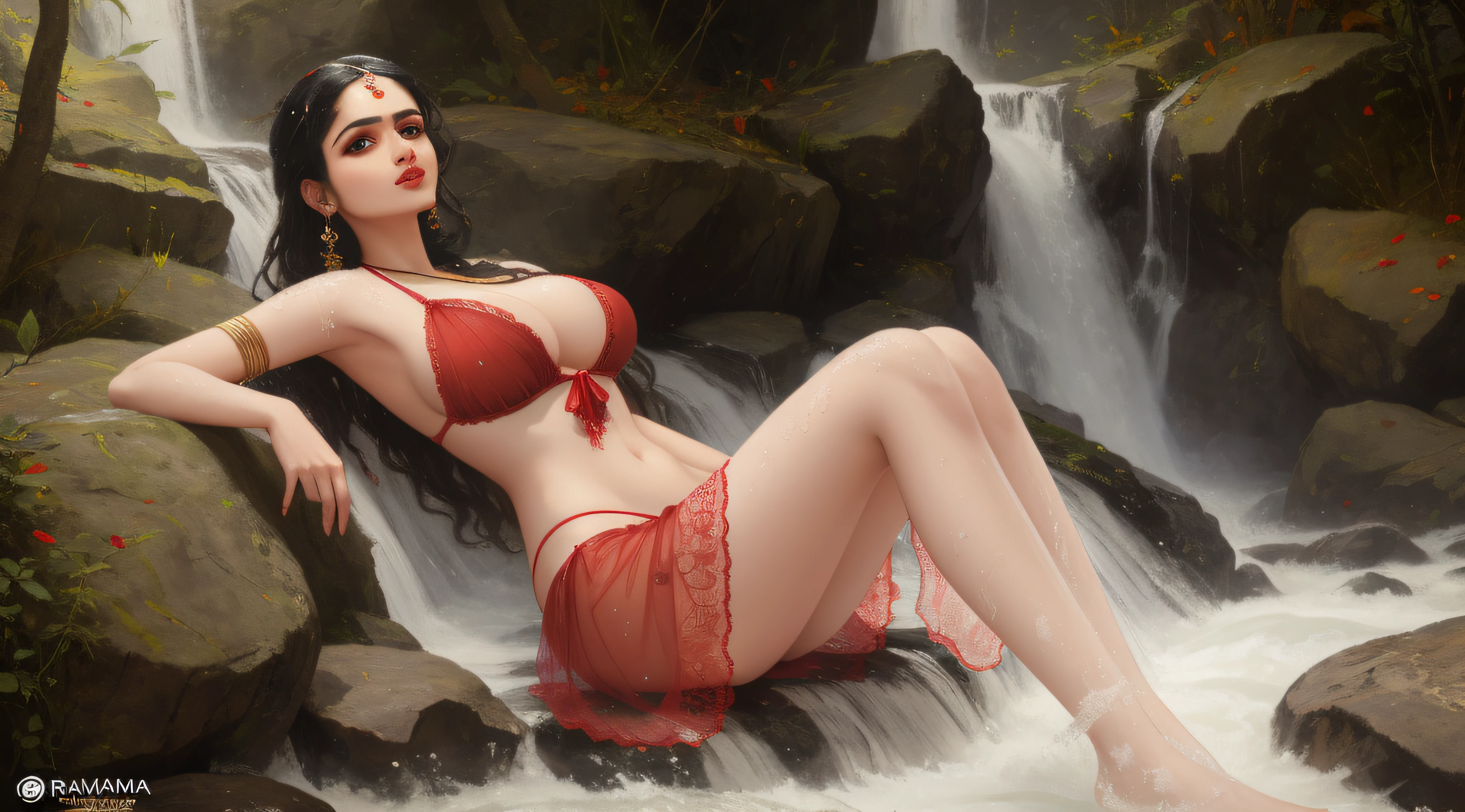 ((( by artist Raja Ravi Varma ))), Nair Lady taking bath in a water falls, see through dress, licking lips, (big boobs:1.2), deep cleavage, wearing thin red lace see-through bikini, red lips, seductive gaze, posing provocatively, innocently, make love with girl real photo volumetric lighting, photo-realistic, ultra detailed, best quality, Realistic, 8K, ultra-detailed, Unreal Engine, midjourney art style
