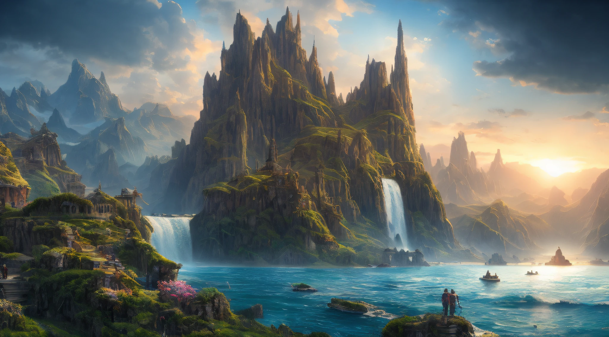 Masterpiece, best quality, high quality, extremely detailed CG unity 8k wallpaper, landscape, outdoor, sky, clouds, sky, no humans, mountain, landscape, water, tree, blue sky, waterfall, cliff, nature, lake, river , cloudy skies, award winning photography, bokeh, depth of field, HDR, bloom, chromatic aberration, photorealism, very detailed, trending on artstation, trending on CGsociety, intricate, high detail, dramatic, half way art