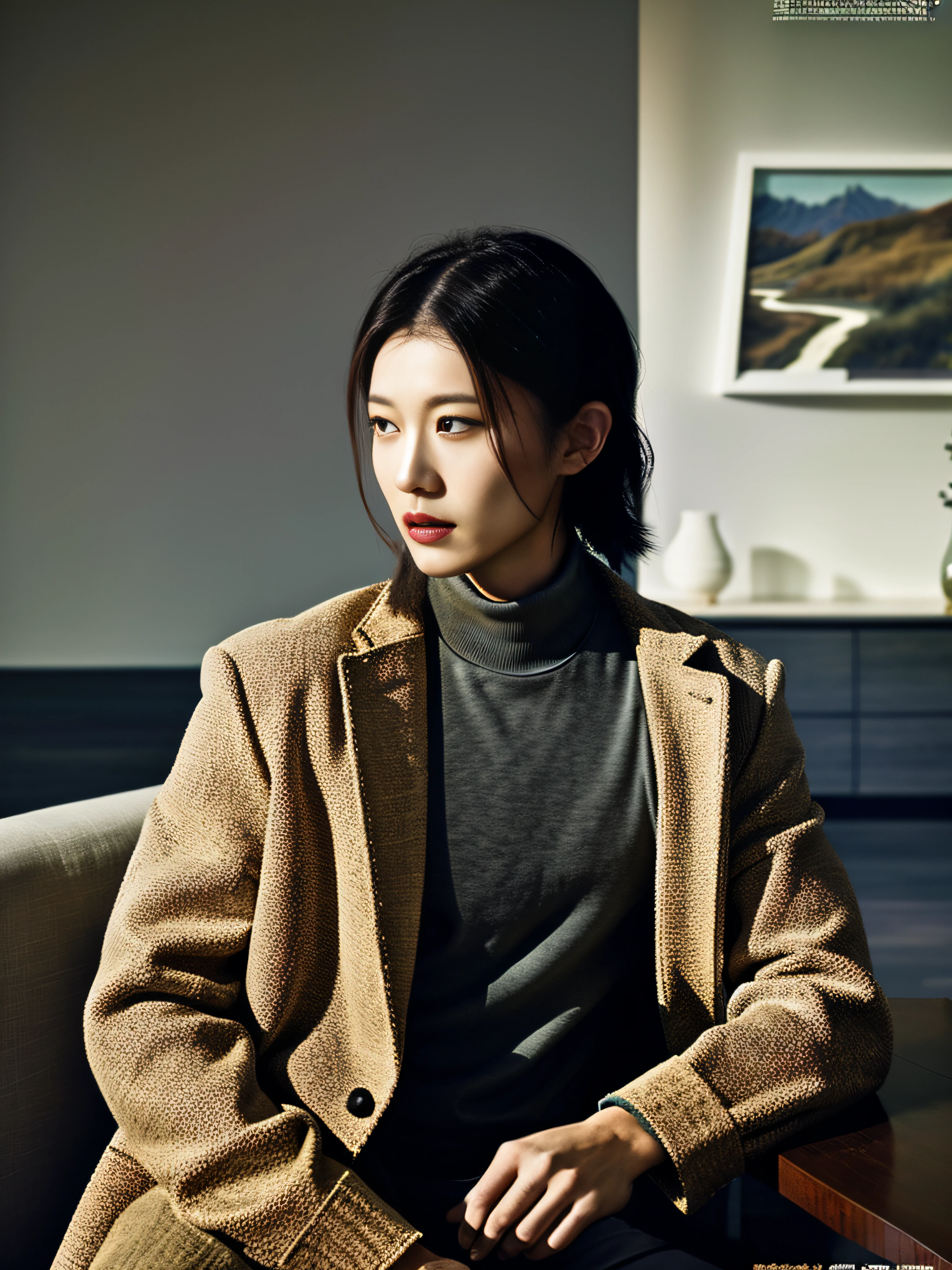 a guy,fashion magazine,Black tones,terracotta warriors,streaked hair,Elegant and stylish clothing,Minimalist interior design,cowboy shot,masterpiece,textured skin,award winning,best quality,bon chic bon genre outfit,minimal interior design,Mountains and Seas Sutra