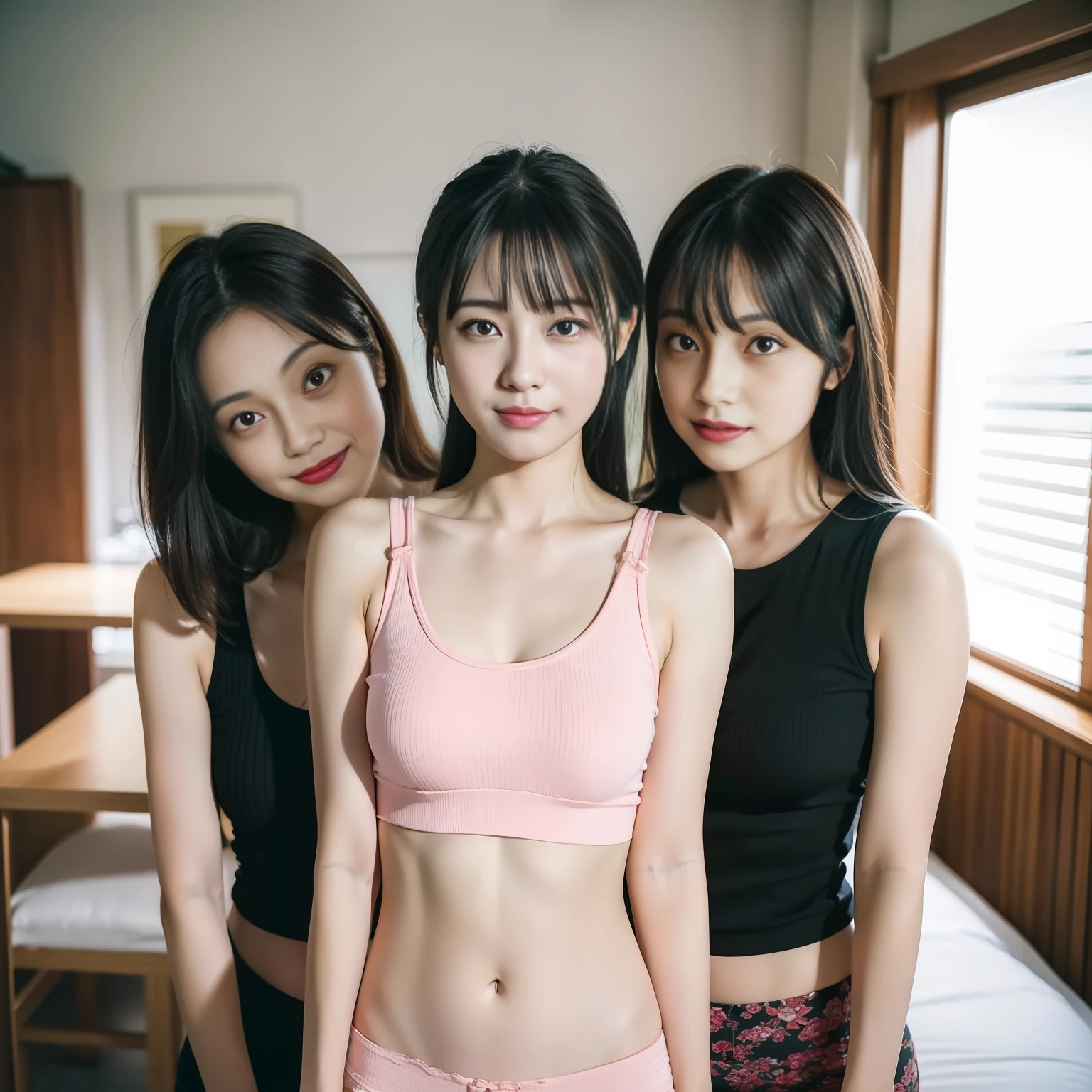 (in 8K, Raw photo, 超A high resolution, Best Quality, masutepiece:1.2), (realistic illustration), (the Extremely Detailed CG Unity 8K Wallpapers), absurderes, Three Girls, 18 yo, Beautiful face,medium breasts, Black medium hair, Smile, embarrassed from, Upper body, One is underwear, Pink tank top, Indoors, Upper body, 乃木坂アイドル, 女優
