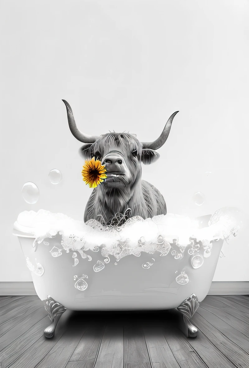 Aalfel in the bathtub，There is a flower inside, milk bath photography, Milk-bath effect, digital art animal photo, Bath, Wonderful, Amazing, Innovative, Bubble bath, cow, bleeding in the bath, Simple, tinas, instagram photo, high-quality photo, Gorgeous, high-quality photo, author：Elaine Hamilton, Extremely quality, Young Lady