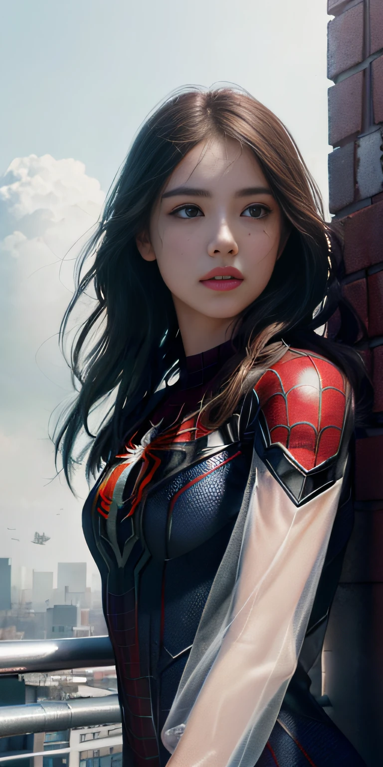 (1girl:1.3), Solo, (((Very detailed face)))), ((Very detailed eyes and face)))), Beautiful detail eyes, Body parts__, Official art, Unified 8k wallpaper, Super detailed, beautiful and beautiful, beautiful, masterpiece, best quality, original, masterpiece, super fine photo, best quality, super high resolution, realistic realism, sunlight, full body portrait, amazing beauty, dynamic pose, delicate face, vibrant eyes, (from the front), She wears Spider-Man suit, red and black color scheme, spider, very detailed city roof background, rooftop, overlooking the city, detailed face, detailed complex busy background, messy, gorgeous, milky white, highly detailed skin, realistic skin details, visible pores, clear focus, volumetric fog, 8k uhd, DSLR, high quality, film grain, fair skin, photo realism, lomography, futuristic dystopian megalopolis, translucent