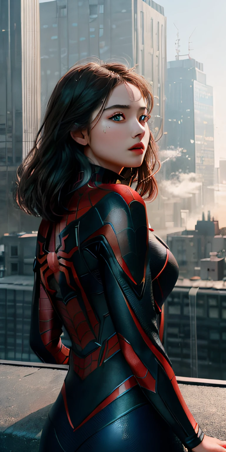 (1girl:1.3), Solo, (((Very detailed face)))), ((Very detailed eyes and face)))), Beautiful detail eyes, Body parts__, Official art, Unified 8k wallpaper, Super detailed, beautiful and beautiful, beautiful, masterpiece, best quality, original, masterpiece, super fine photo, best quality, super high resolution, realistic realism, sunlight, full body portrait, amazing beauty, dynamic pose, delicate face, vibrant eyes, (from the front), She wears Spider-Man suit, red and black color scheme, spider, very detailed city roof background, rooftop, overlooking the city, detailed face, detailed complex busy background, messy, gorgeous, milky white, highly detailed skin, realistic skin details, visible pores, clear focus, volumetric fog, 8k uhd, DSLR, high quality, film grain, fair skin, photo realism, lomography, futuristic dystopian megalopolis, translucent
