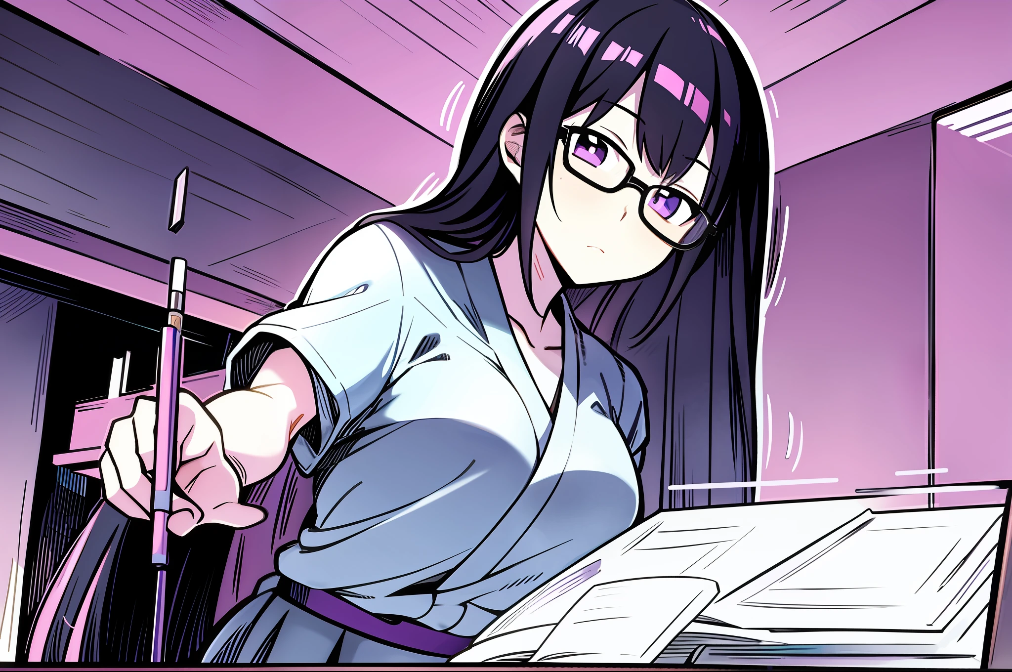 A black silky hair、Purple pupils、Japanese anime woman with glasses,Young female teachers,Wear casual black and white clothes,The chest size is D,Stand up solemnly,Hands on the podium,Speak to the students。The action is accurate,tmasterpiece,The expression is correct,detail-rich,Plenty of light and shadow,Optimize text。