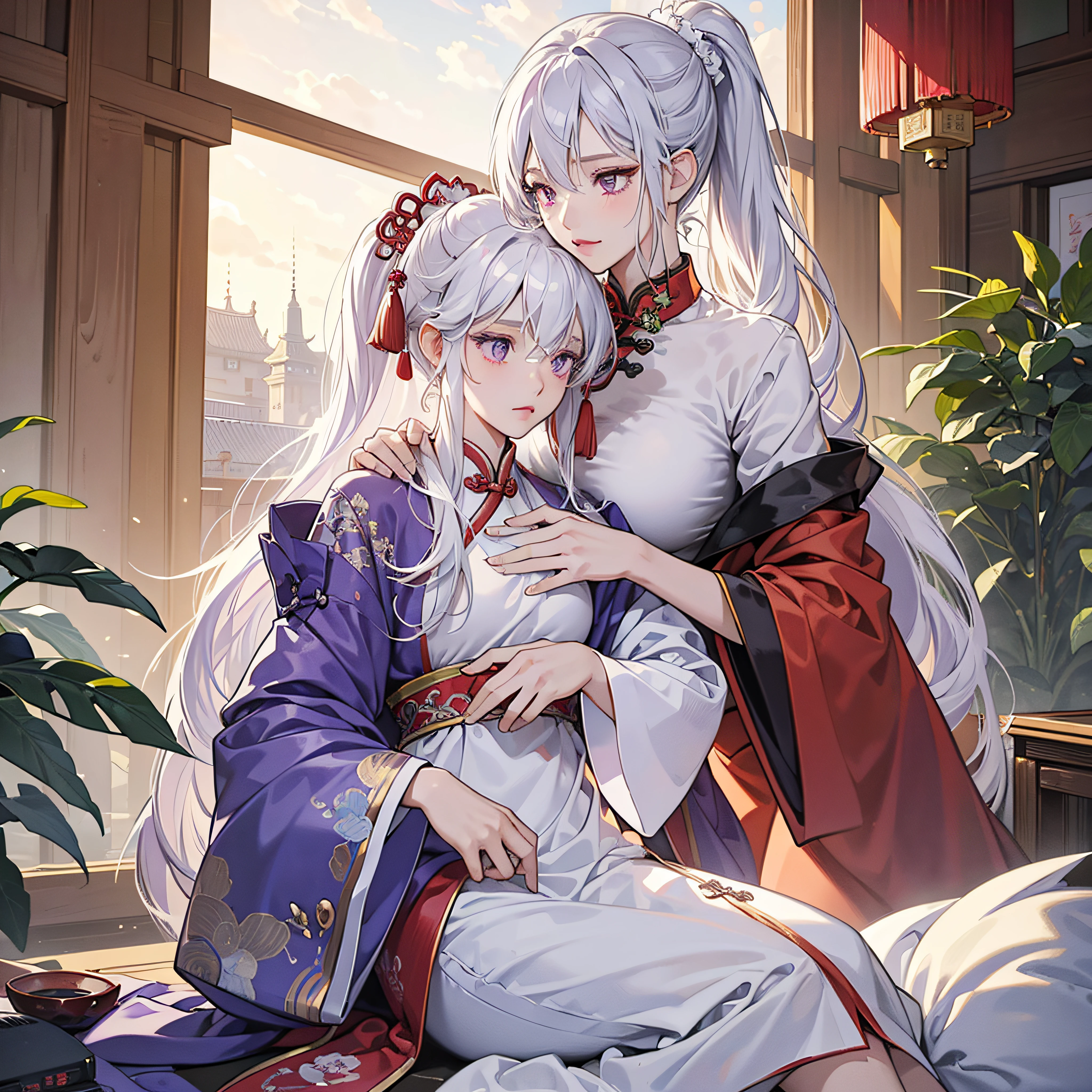 (masterpiece), (best quality), (ultra detailed),(disheveled hair),(illustration),twin, white hair,36d,chinese traditional clothes,skinship,purple eye,pony tail,future building --auto