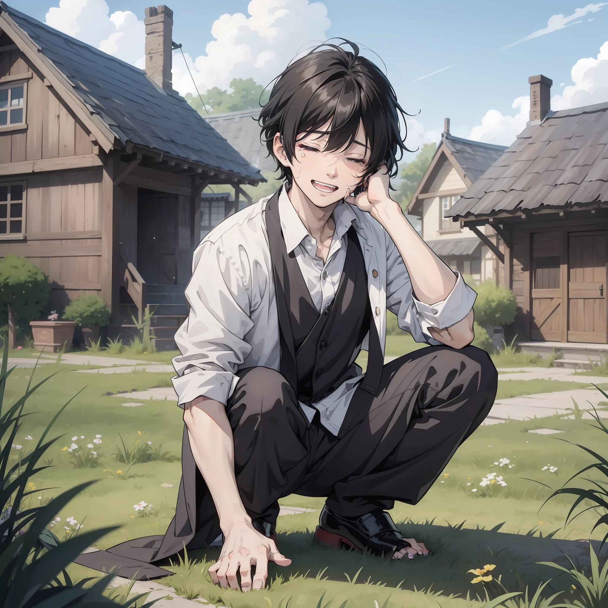 A young anime guy with short black hair and a white shirt of about 30 squats on the ground（Laughing and crying emoji 1.5）（There is a wound on the face1.3）（Faint 1.3）（Close your eyes1.8）（Bleed 1.3）（The background is the yard of the village house 1.5）style of anime4 K，Anime rendering，style of anime。8K，Handsome anime face（Upper body display 1.5）（Handsome man 1.3）（Cinematic lighting 1.5
