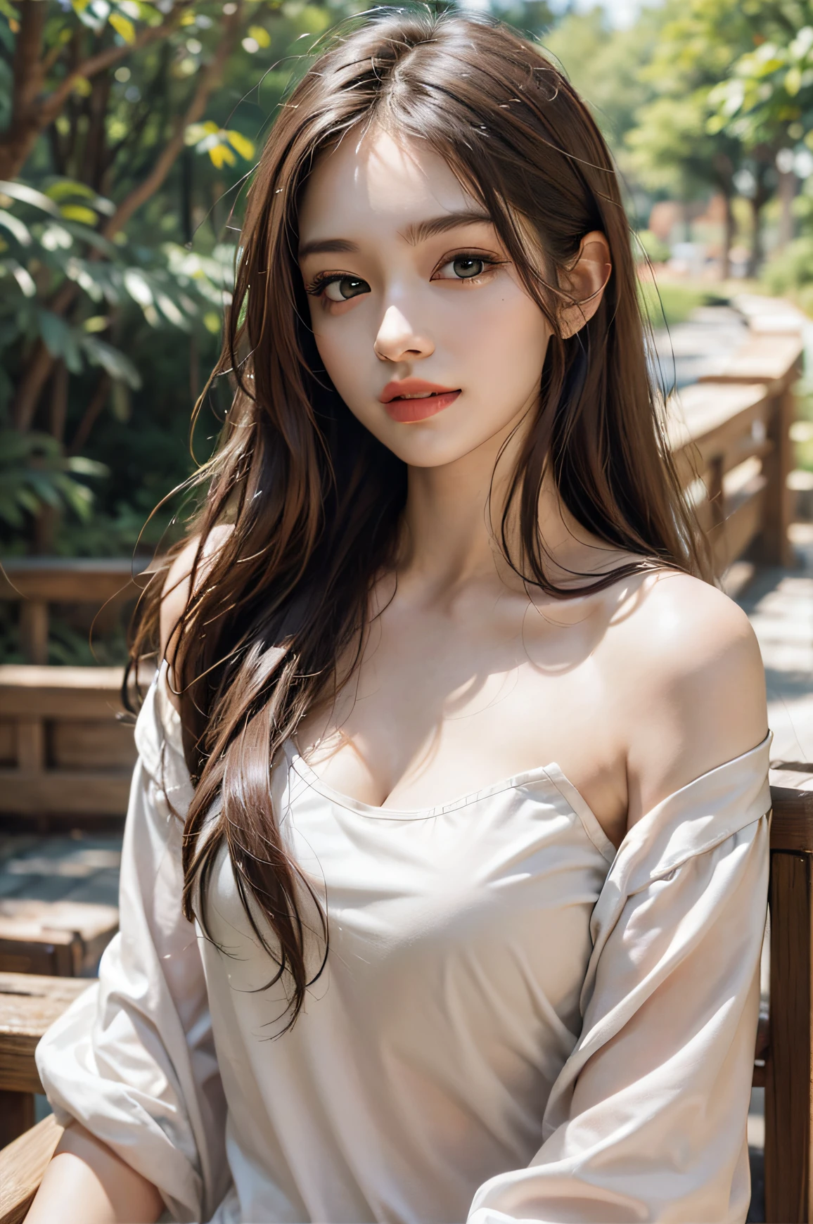 (Delicate skin and skin pores and goosebumps:1.2), (high quality face:1), (Detailed face), (Raw photos with a DSLR camera:1), (Best Quality), Long brown hair flowing over her shoulders, A calm smile, White T-shirt, JINS, (cowboy shots, s whole body)