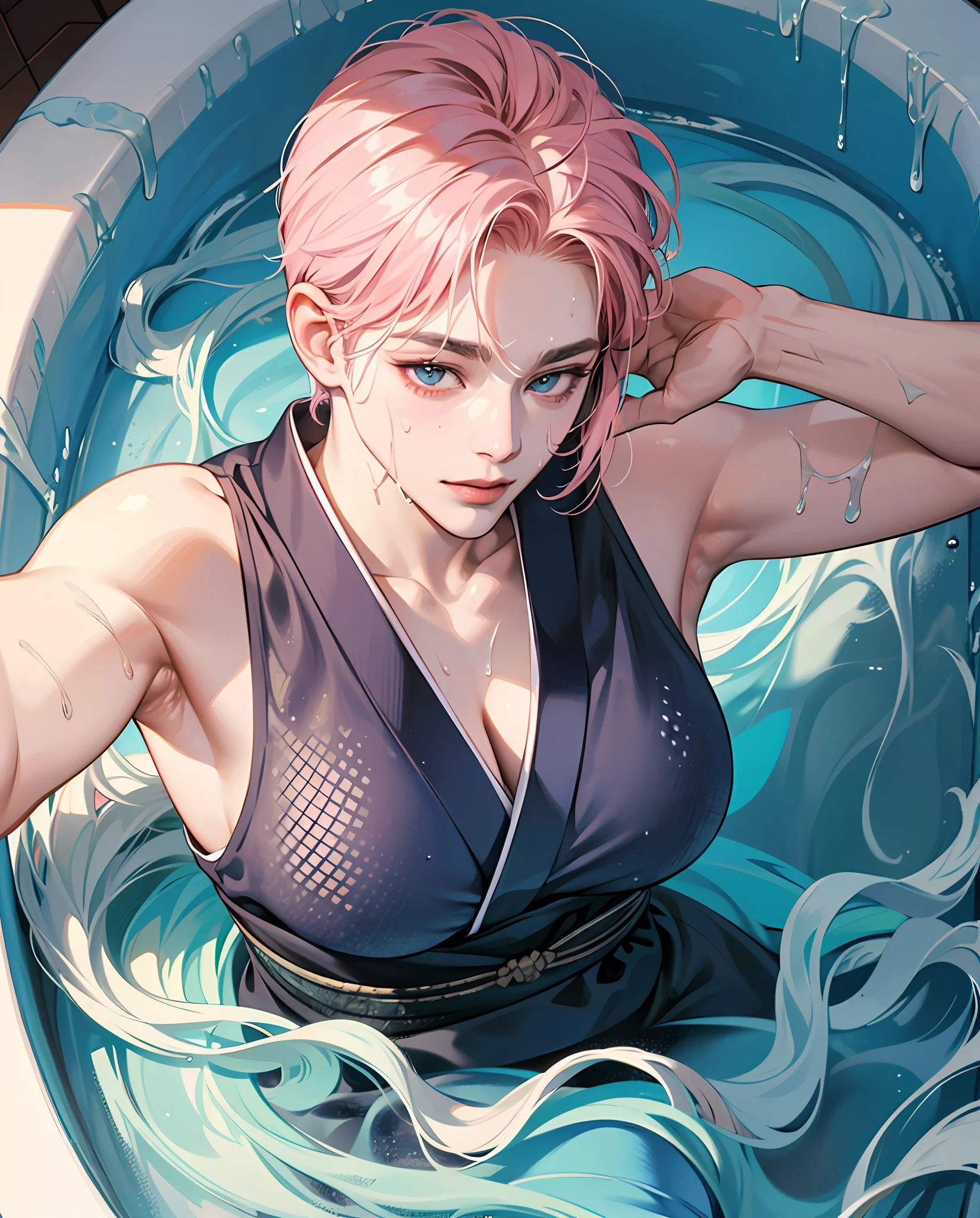 (high quality 8K anime), Sweaty and sweaty, Powder blue vapor, Delicate skin, hermaphrodite, twink male body, manly short hair, creepy smiling, (Photorealism), masterpiece, best quality, portrait, Perfect underarmpit, fishnet clothing, (Japanese KPOP idol:1.2), (realistic beautiful Asian),  close up and soft up to everything,  (plump MILF body), spot light, super pale skin, dark make up, sharp focus, detailed anatomy, ultra-wonderful face detail, (his deep drippy blue colored melting  slime body under the coat), 39 years old, a hot wet erotic blue colored slime super idol, with a ultra-cute face of a Japanese-Korean emo young idol, (ultra-detailed eyes), (ultra-detailed skin), (super melting pink manly hair style), laying in a bath pool full of blue slime, (drippy melting body), (hyper huge erotic breasts), super wide wet juicy sexy red lips, soft light, perfect yaoi face, photorealistic, correct fingers, the light is very bright, hypermaximalist style: realistic, photorealism, photography