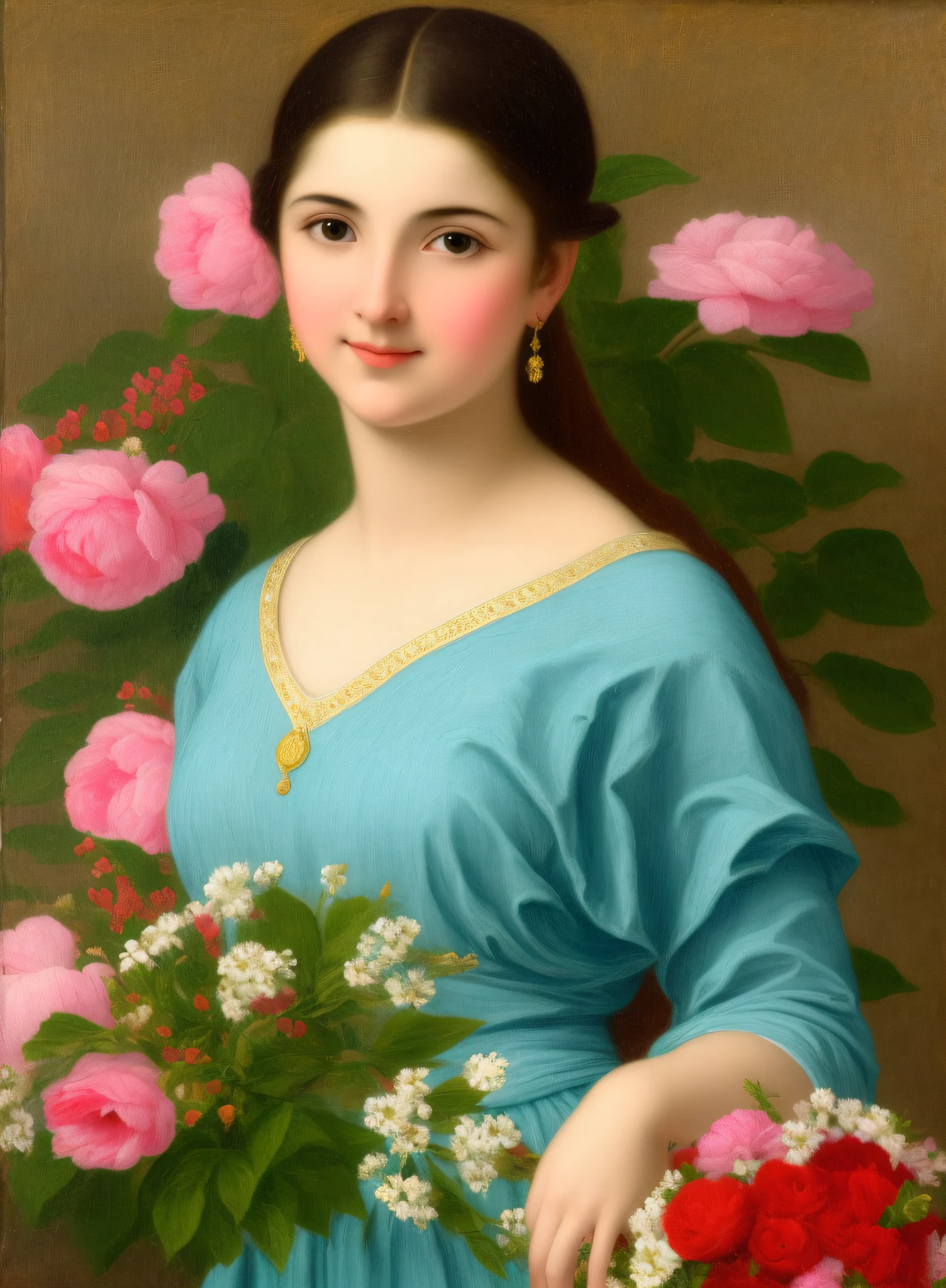 Masterpiece, award winning photography, photographic recreation of The Tambourine Girl by John William godward, inspired by paintings of John William godward, photoshoot style, recreation from famous painting, photoshoot ideas, realistic recreation from art, Full body shot, dslr, 4k, 8k, modelshoot ideas from famous paintings, canon, High quality, sharp image, epic details, open pose, posing inspired from paintings, only flower bouquet can be seen in hand of the model