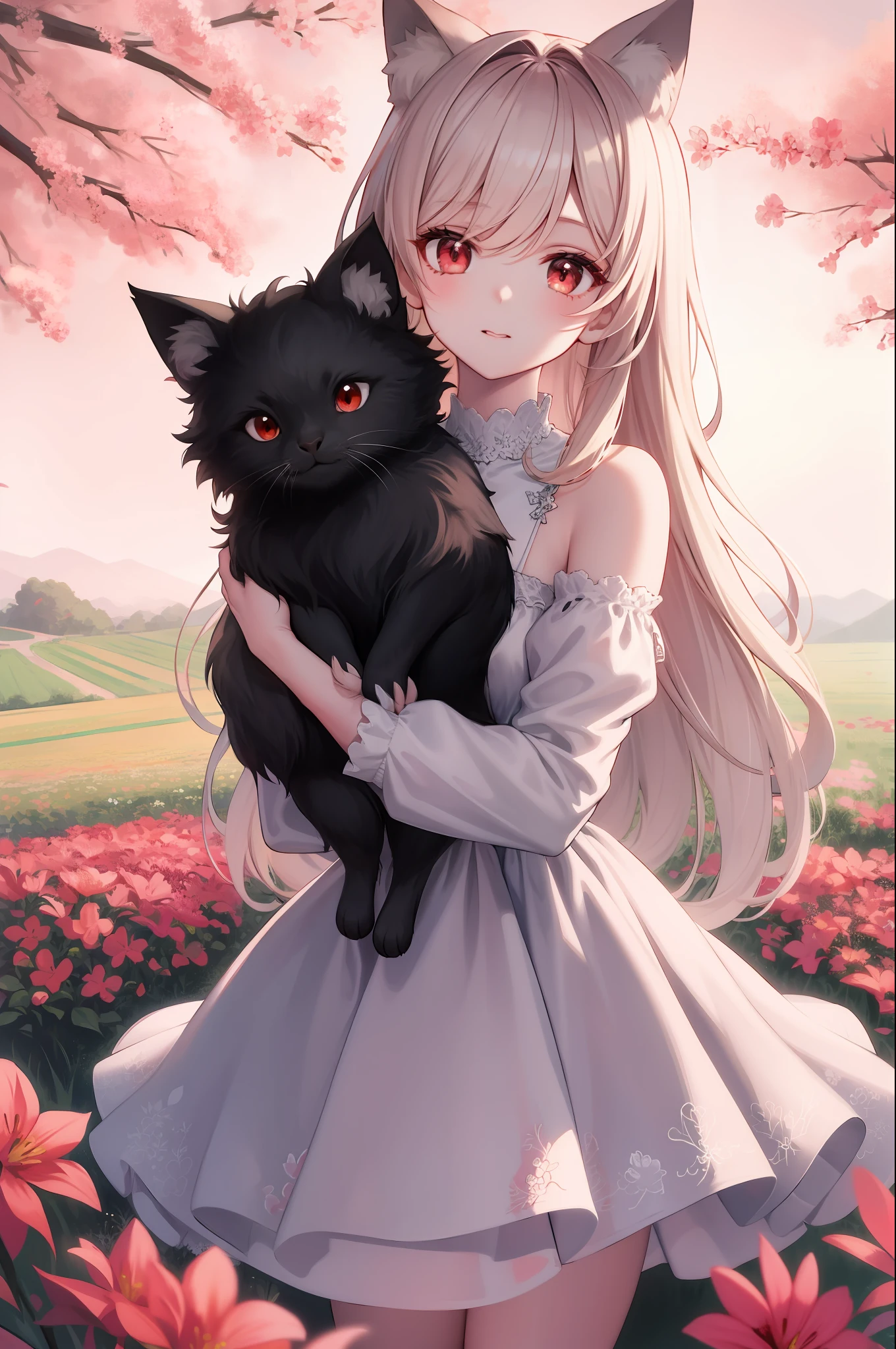 1girll， 独奏， long whitr hair， looking at viewert， Be red in the face， By bangs， Beautiful hair， red eyes， longer sleeves， shift dresses， halter， hair between eye， Very long hair， Keep one's mouth shut， florals， white dresses， bblurry， Animal ear villi， depth of fields， vague background， critters， catss， Pink flowers， holding animal， SakuraNS，， tmasterpiece， Best quality at best， highly  detailed