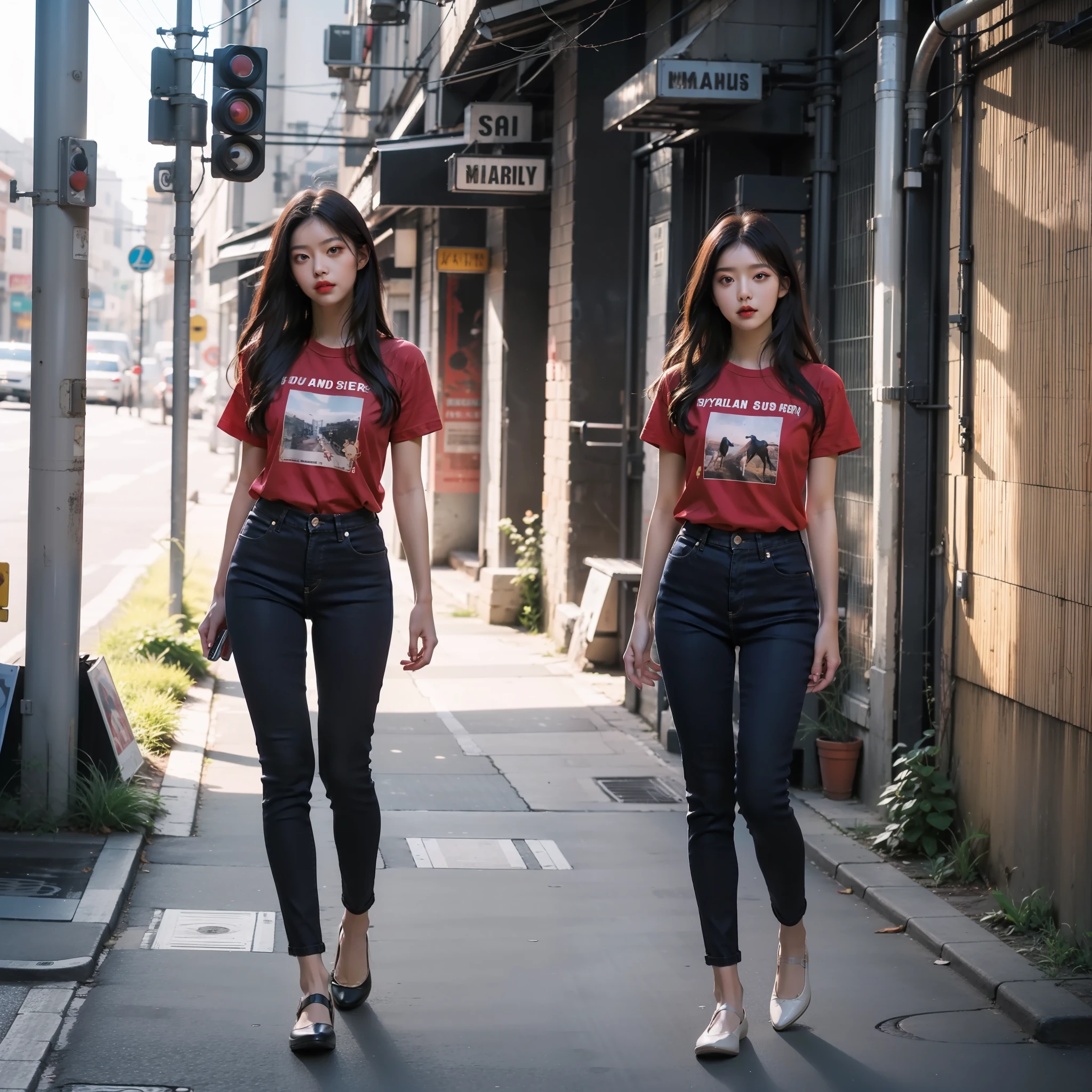 Beautiful young woman wearing a confy printed red T-shirt and black jeans. Detailed eyes, detailed face. Dynamic pose. Minimal natural make-up, one sided pony tale, dark hair. (Full body:1.1). Street alley as background. Photography, blue hour.