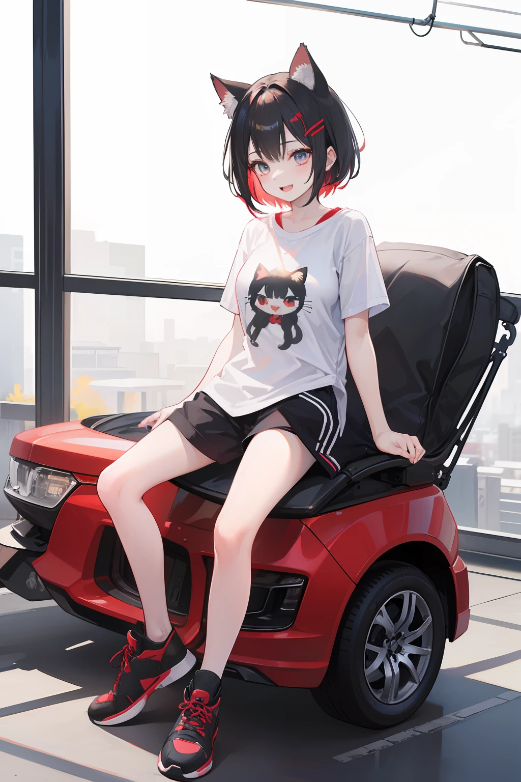 1 girl in、Shorthair with black hair、cat ear、Smile with open mouth、neuter、(High resolution of the highest quality)、(Masterpiece Highest Quality:1.2)、Red mesh only for the hair between the ears and the face、two color hair、neuter、cat ear、Sitting on a standing knee、JINS、tshirts