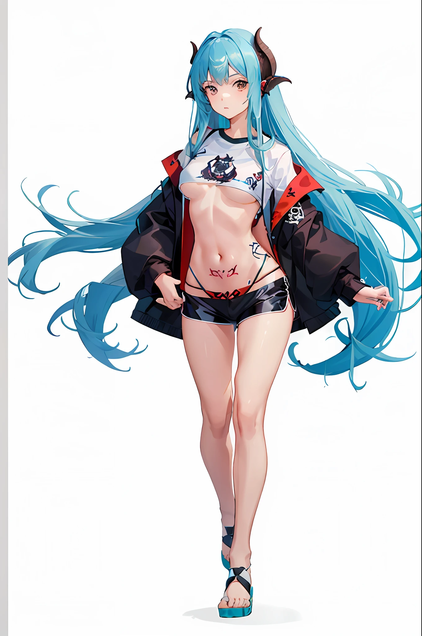 1girll,whaite hair,nabel,black black jacket,dolphinshorts,groin,(white shirt:1.2),Very long hair,Wide buttock,
underbust,The shirt,Succubus Pattern,There are graduated tattoos on the abdomen