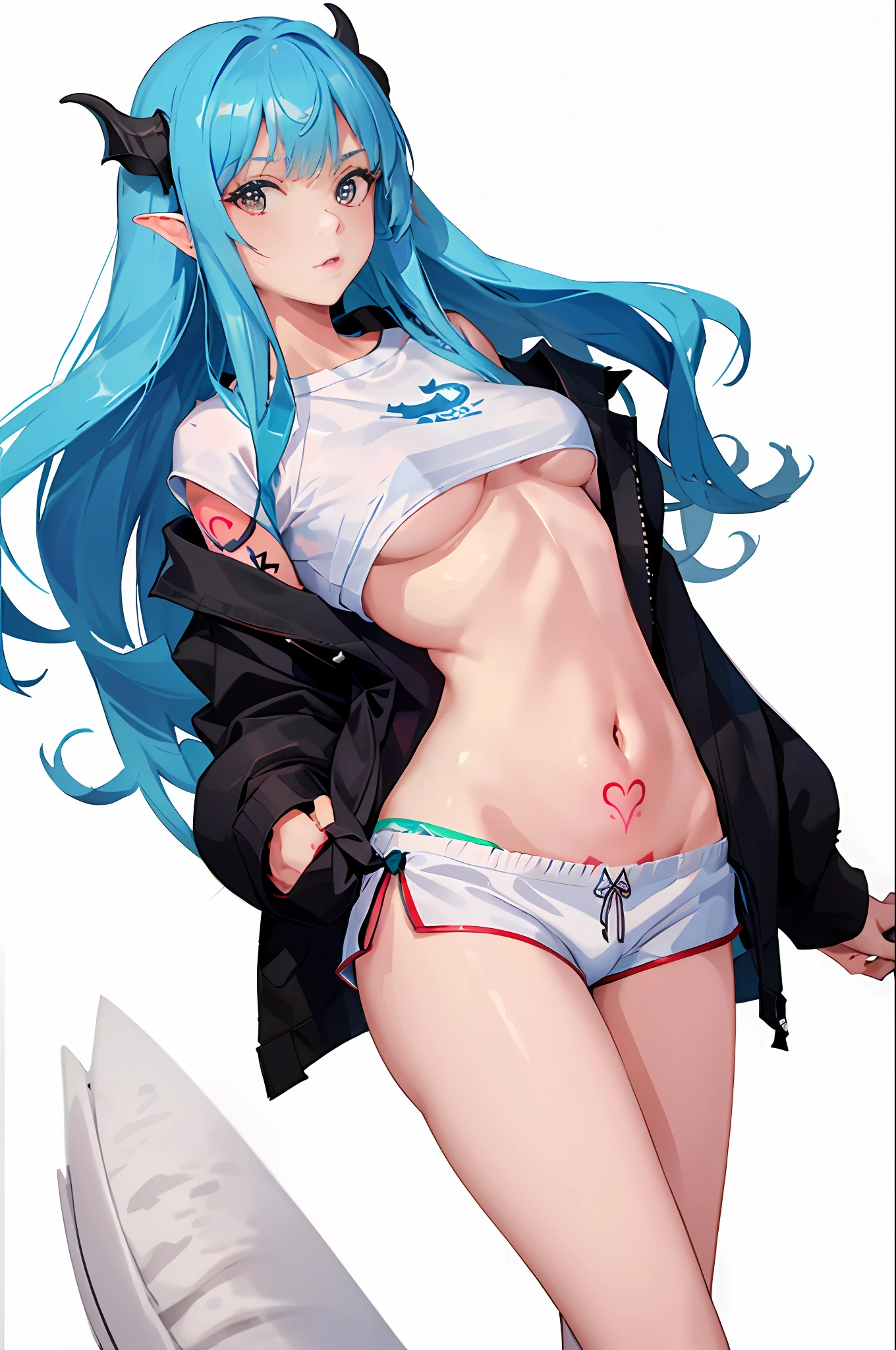 1girll,whaite hair,nabel,black black jacket,dolphinshorts,groin,(white shirt:1.2),Very long hair,Wide buttock,
underbust,The shirt,Succubus Pattern,There are graduated tattoos on the abdomen