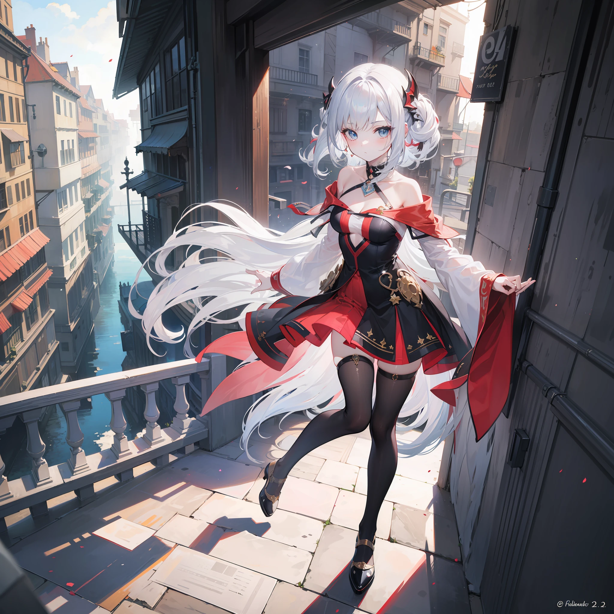 (masterpiece), extremely detail, 8k, (balcony),(village scape), (anime girl: 1.5), bound hairstyles, black blend white haircolor, (bare shoulder: 1.2),shine skin, (fair skin: 1.2), full body,looking at viewer, dynamic pose, particle,fog