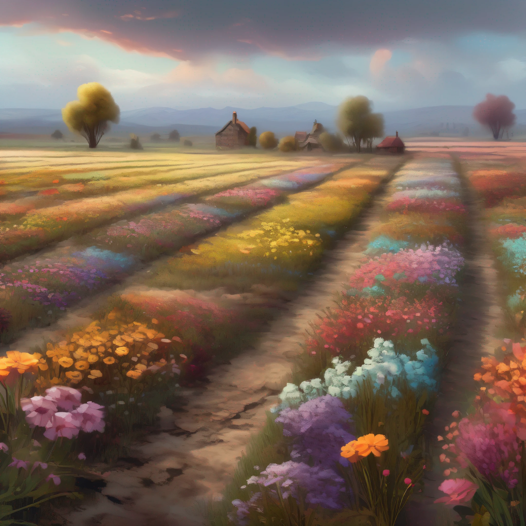 Desolate flower fields,The flowers wither, Dull colors,Art Ultra HD 4 K, Detailed scenery —width 672, author:Franz Hergi, scenery art detailed, 8K high quality detailed art, 4k highly detailed digital art, A high resolution, 4 k matte thomas kinkade