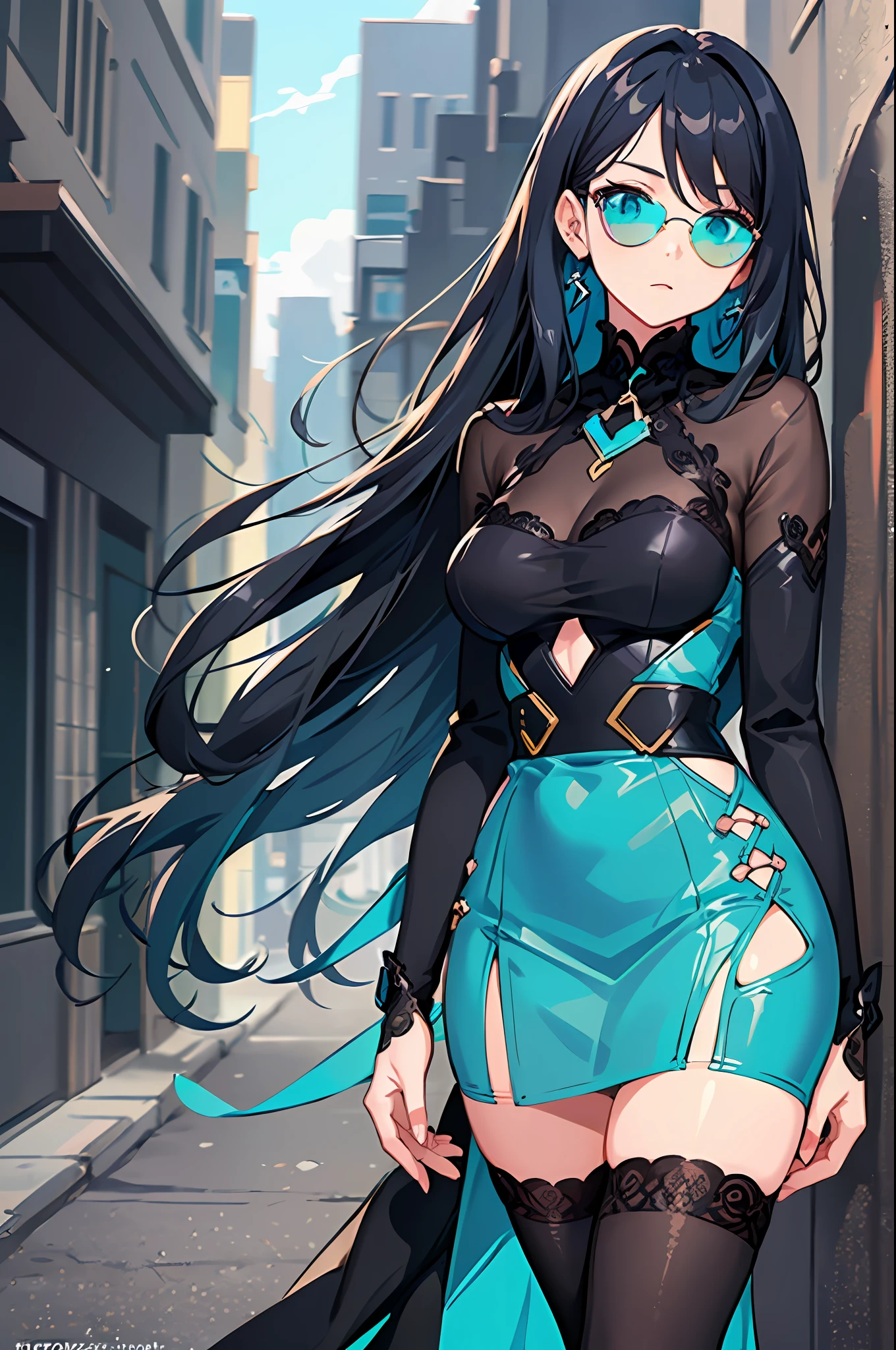 1girl, anime, (((ultra-detailed))), ((masterpiece)), ((illustration)), modern, waist up, facing forward, young adult, (long black hair with blue ends), turquoise eyes, fair skin, branded outfit, (sunglasses), haughty, rich, chic