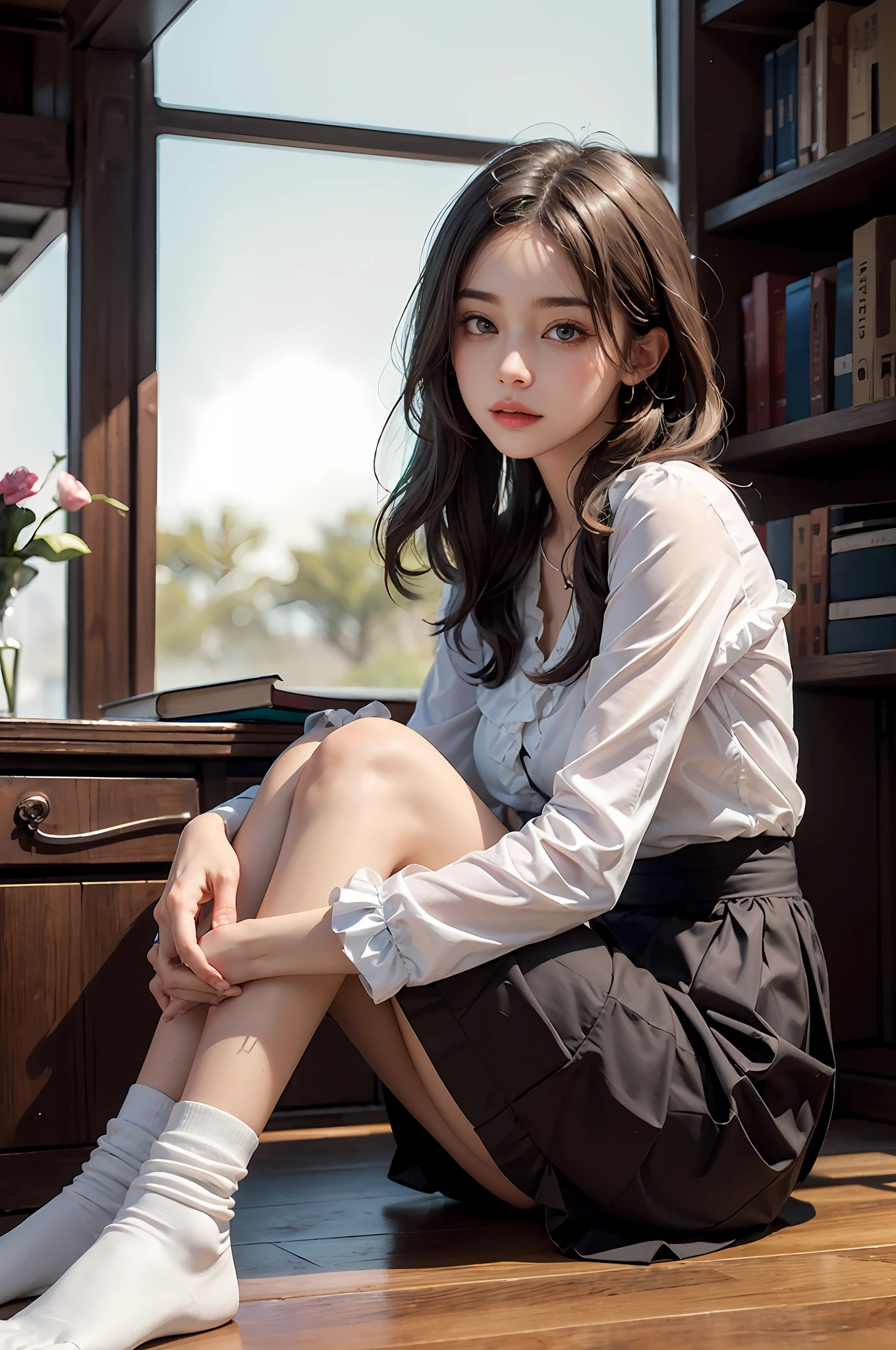 Capture the serene beauty of a 30-year-old woman, (high top fade: 1.3), long hair, dark theme, soothing tones, muted colors, high contrast, (natural skin texture, hyperrealism, soft light, sharp), immersed in the peaceful atmosphere of the library. Soft diffused lighting gently illuminates her features, emphasizing her delicate expression and creating a tranquil atmosphere. Library shelves filled with books provide a background of knowledge and wisdom. It focuses on capturing the natural charm and elegance of the model, maintaining the essence of calm and reflective moments. A lovely 21-year-old Japan gravure model with soft, wavy gray-brown hair adorned with ribbons captivates with a seductive look. She wears a white blouse with ruffles, a blue skirt with ruffles and white ankle socks with ruffles. Sitting on the bed, she hugs her knees while staring at the camera, exuding a melancholic charm. Create a scene where beauty and ephemerality intertwine.