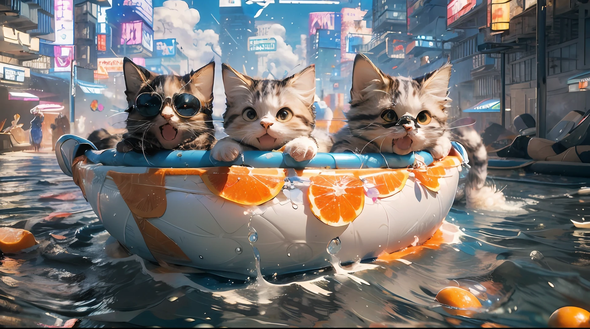 (Masterpiece:1.2, high quality),cat,ocean ball,watermelon,swimming,boat,cute,(orange and white short hair),future structure,cyberpunk city