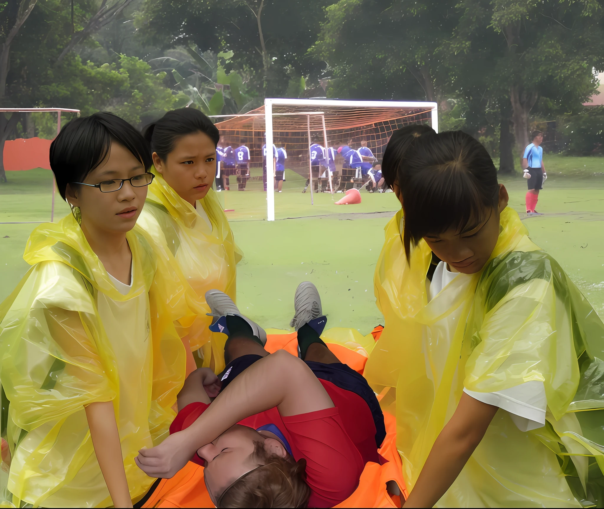 a soccer scene in a chinese sports stadium, rainy weather, wet ground, rainfall, injury scene in a sports stadium, stretcher carry, there are four female medics in wet raincoats who carrying a stretcher, there are four female medics in wet raincoats who are carrying a stretcher in a rainy sports stadium, there is a wounded male soccer player in a matte short cotton sports outfit lying on the stretcher, an injured male soccer player is lying on his back on a stretcher and is rearing up in agony, a soccer player is rearing up in pain while lying on his back on a stretcher, dramatic scene, theatralic posing scene, dramatic pity scene, injury soccer, first aid, help, pity, there are four female medics in shiny raincoats who are looking very sad and very terrified and very shocked, the injured soccer player is screaming out in pain while he is carried from the pitch on a stetcher through the rain