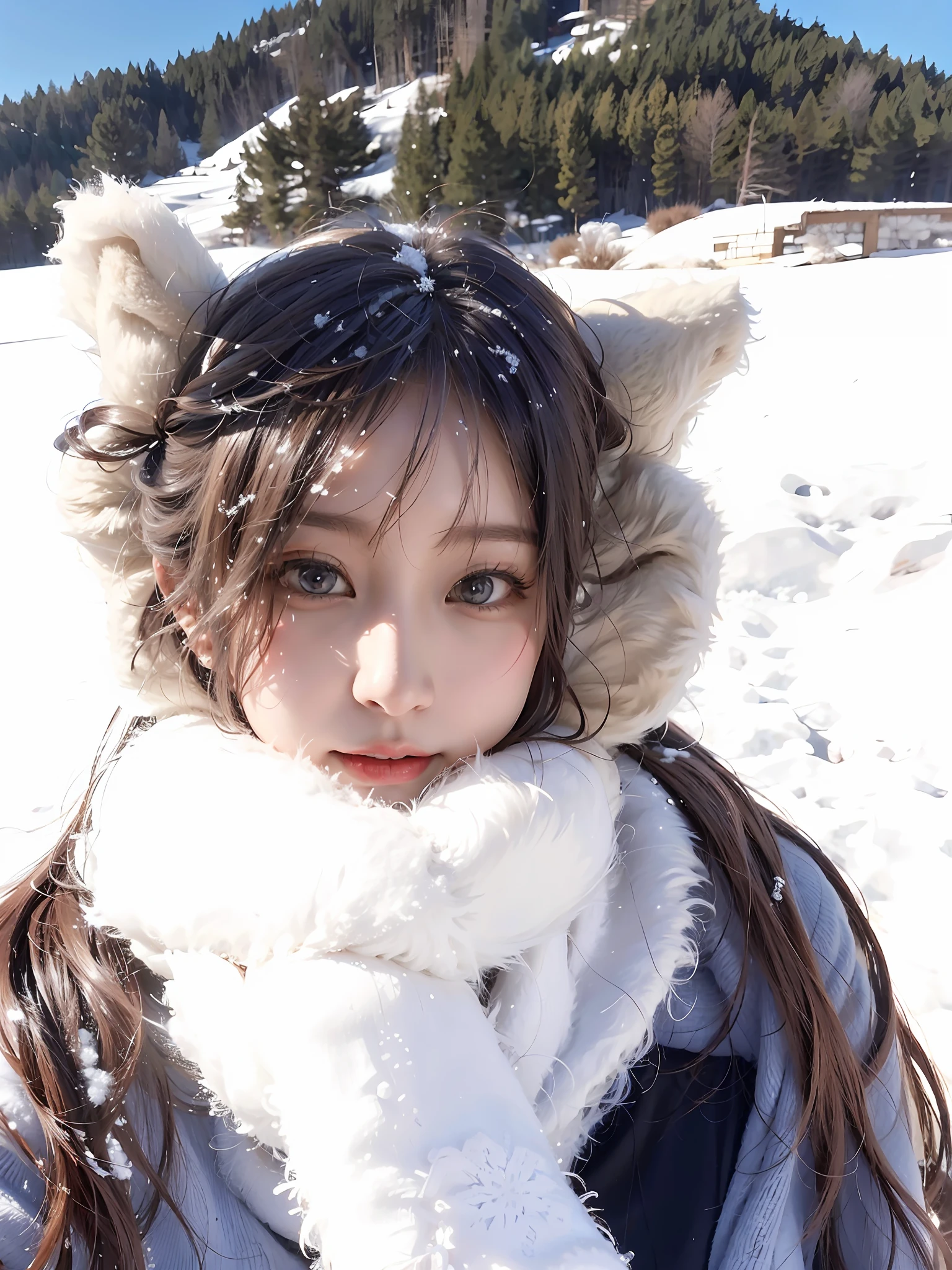 Arad women wear furry hats and scarves in the snow, ulzzangs, tzuyu from twice, in snow, In the snow, wan adorable korean face, Cold, Korean girl, sakimichan, xintong chen, dilraba dilmurat, beautiful Korean women, Korean woman, inspired by Ma Yuanyu