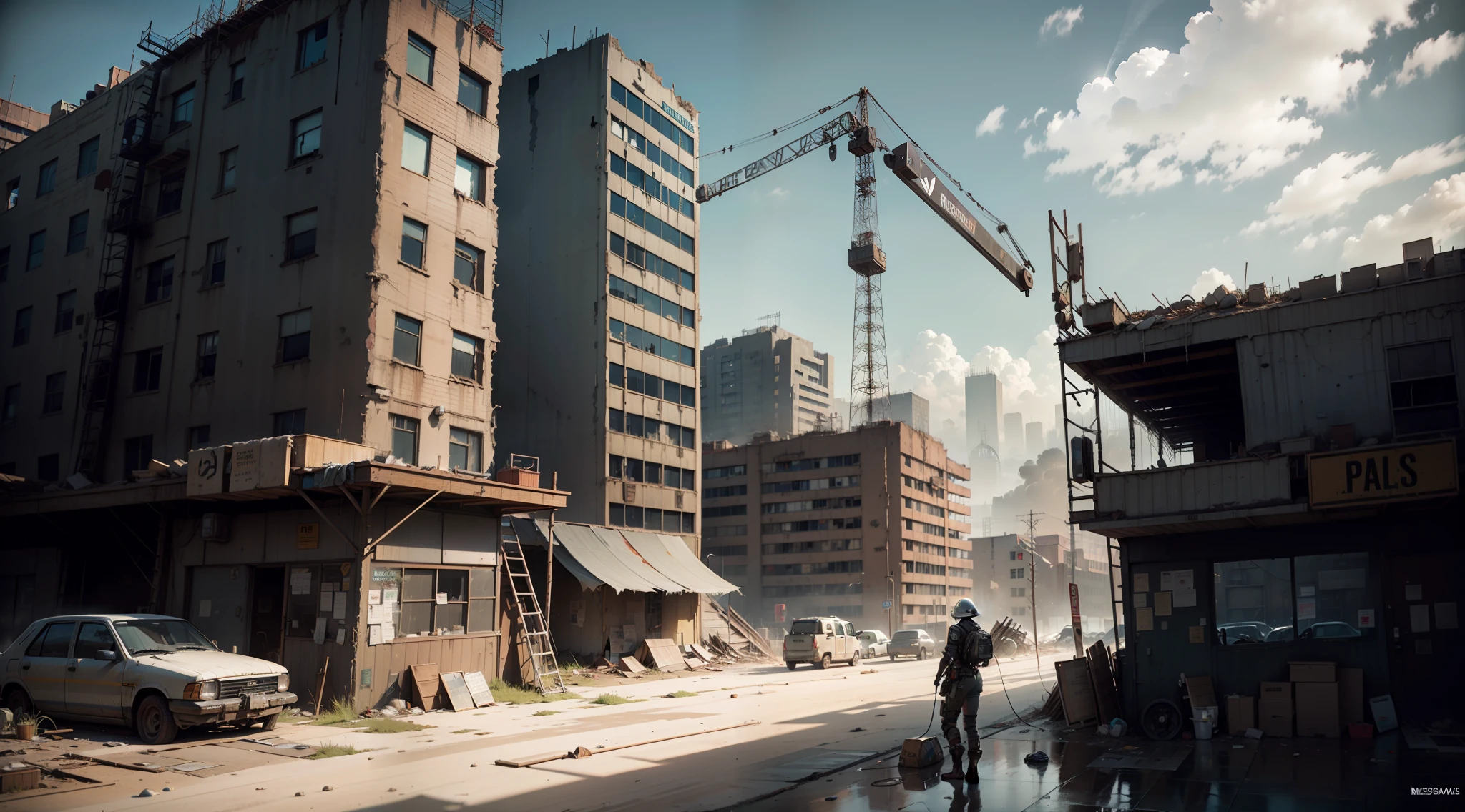 ，Industrial punk，steam style，Wasteland，post apocalyptic world，scaffolding，Construction sites，cyber punk perssonage，physically-based renderingt，water puddles，Machinary，best qualtiy，The is very detailed，Machinary，telephone poles，towns，HDR（down view）photorealistic beautiful