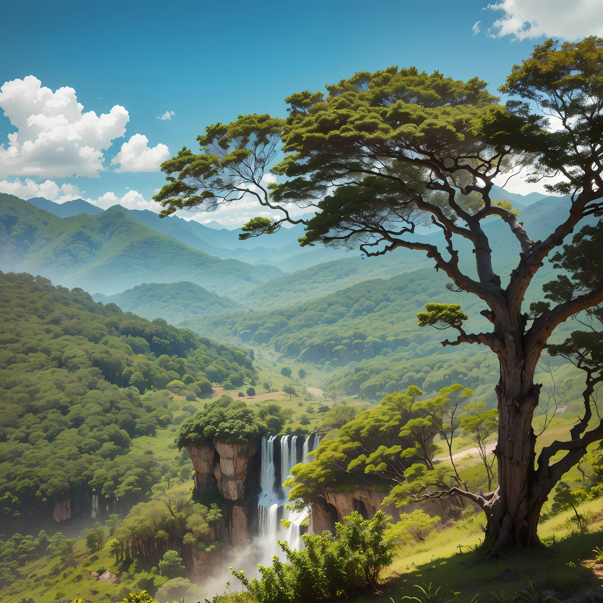 paisagem muito realista do alto de uma serra com varias arvores, matos, ceu azul e cachoeira ultra realista --auto --s2