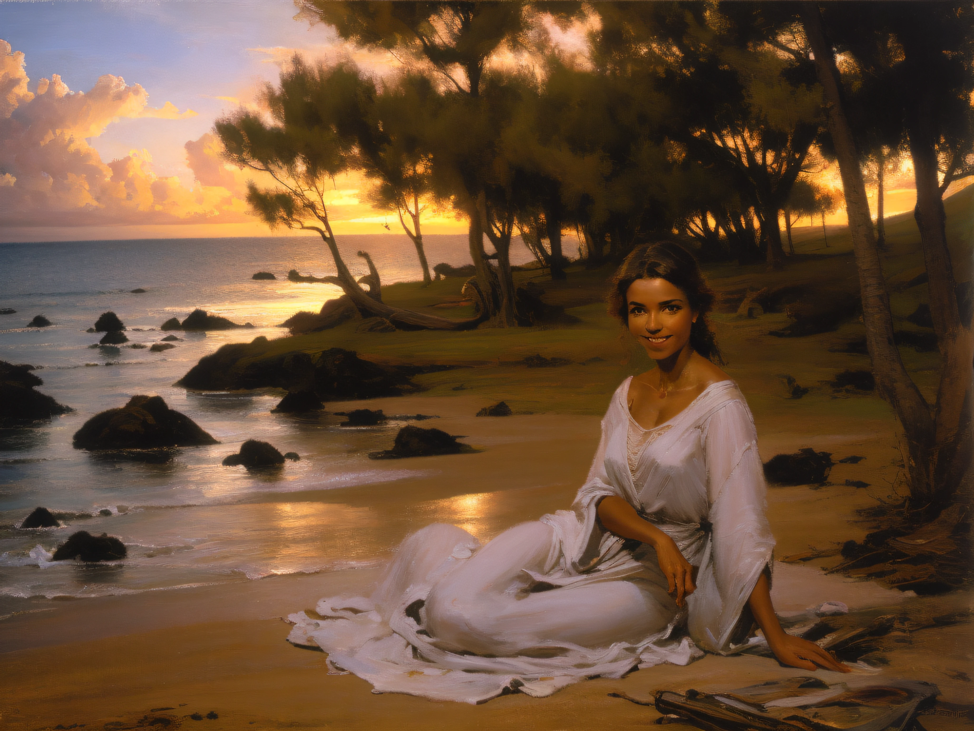 Happy relaxed Smiling young beautiful Blonde woman, at the sea, by sunset, oil on canvas, oil painting, James Gurney, close up, smooth, hyper detailed, natural looking, life like, photo realistic, maximalist, wallpaper, masterpiece, 32k resolution, hyper realistic, best quality, ultra quality, Epic, cinematic, brilliant, stunning, intricate, meticulously detailed, dramatic, atmospheric, digital matte painting, colorful, bright colors, complementary colors, golden hour, volumetric lightning, soft lightning