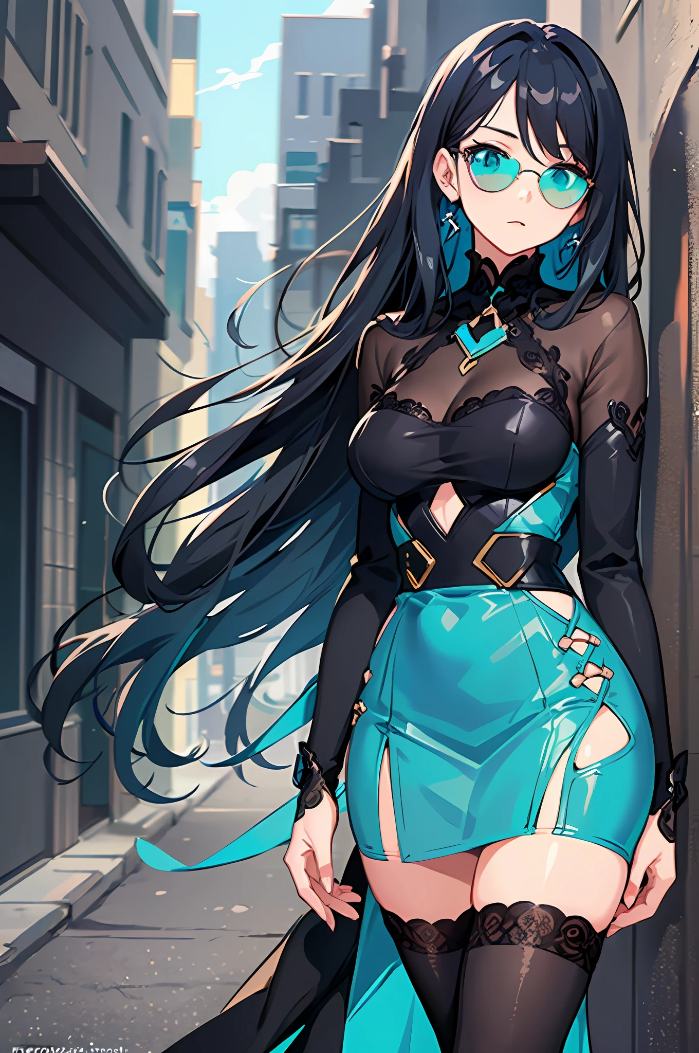 1girl, anime, (((ultra-detailed))), ((masterpiece)), ((illustration)), modern, waist up, facing forward, young adult, (long black hair with blue ends), turquoise eyes, fair skin, branded outfit, (raised sunglasses), haughty, rich, chic