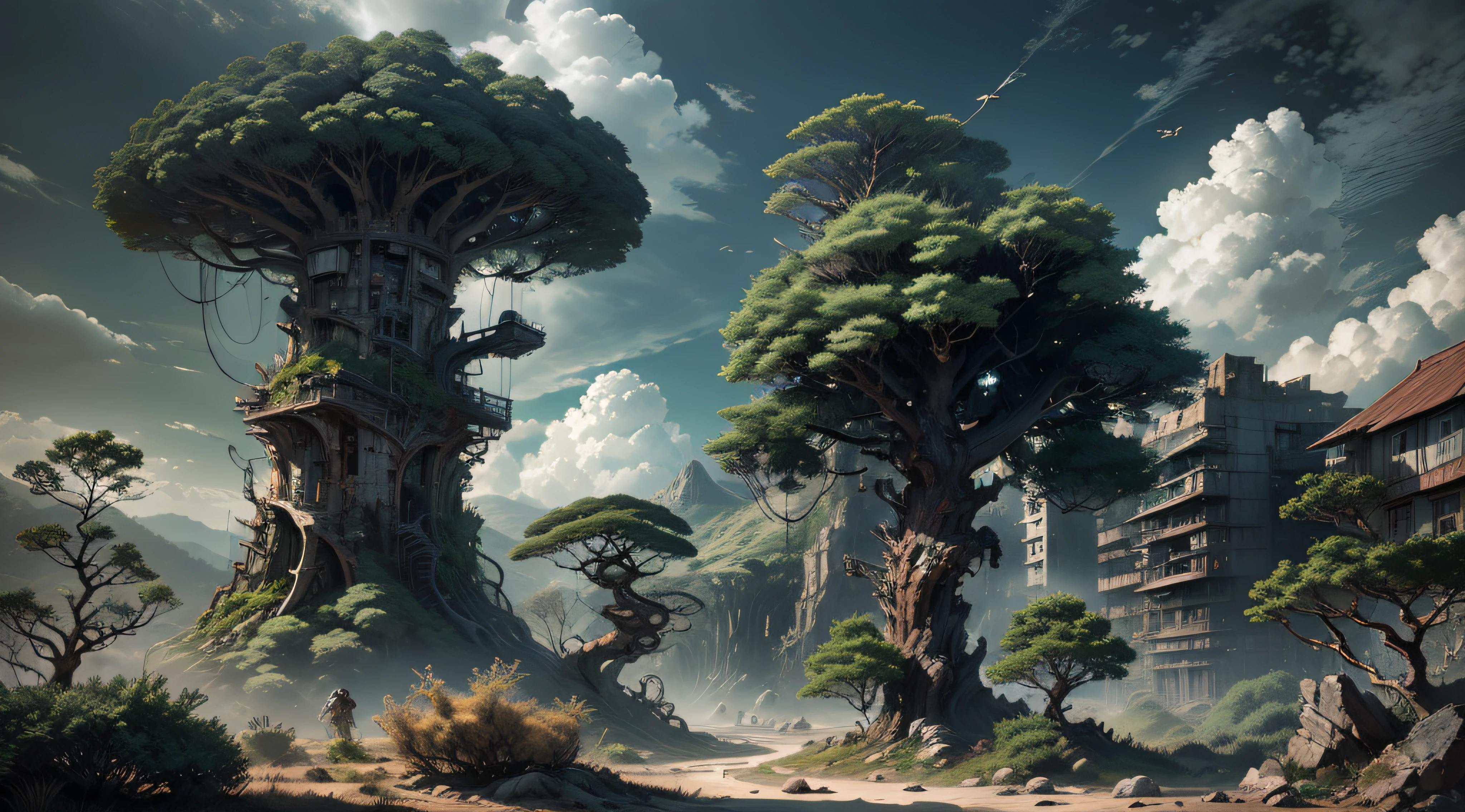 Beautiful forest with colorful trees and giants with roots samples, palmeiras, coqueiros, montanhas gigantes com arquiteturas em ruinas, sky with clouds, sol, lua, alien planets, cachoeiras enormes com rio reluzente, cabanas detalhadas, moinho de vento, (8k), foto realista,