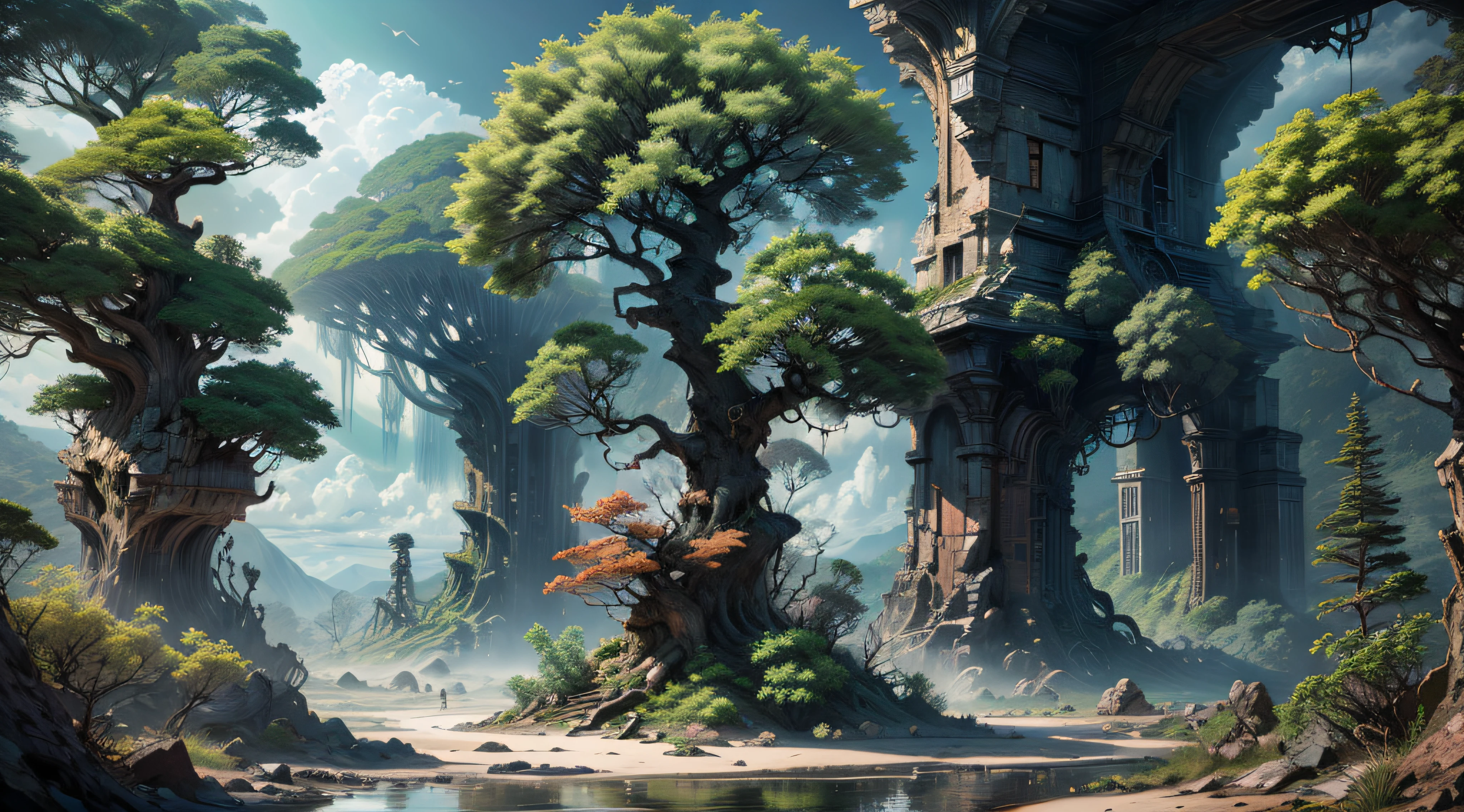 Beautiful forest with colorful trees and giants with roots samples, palmeiras, coqueiros, montanhas gigantes com arquiteturas em ruinas, sky with clouds, sol, lua, alien planets, cachoeiras enormes com rio reluzente, cabanas detalhadas, moinho de vento, (8k), foto realista,