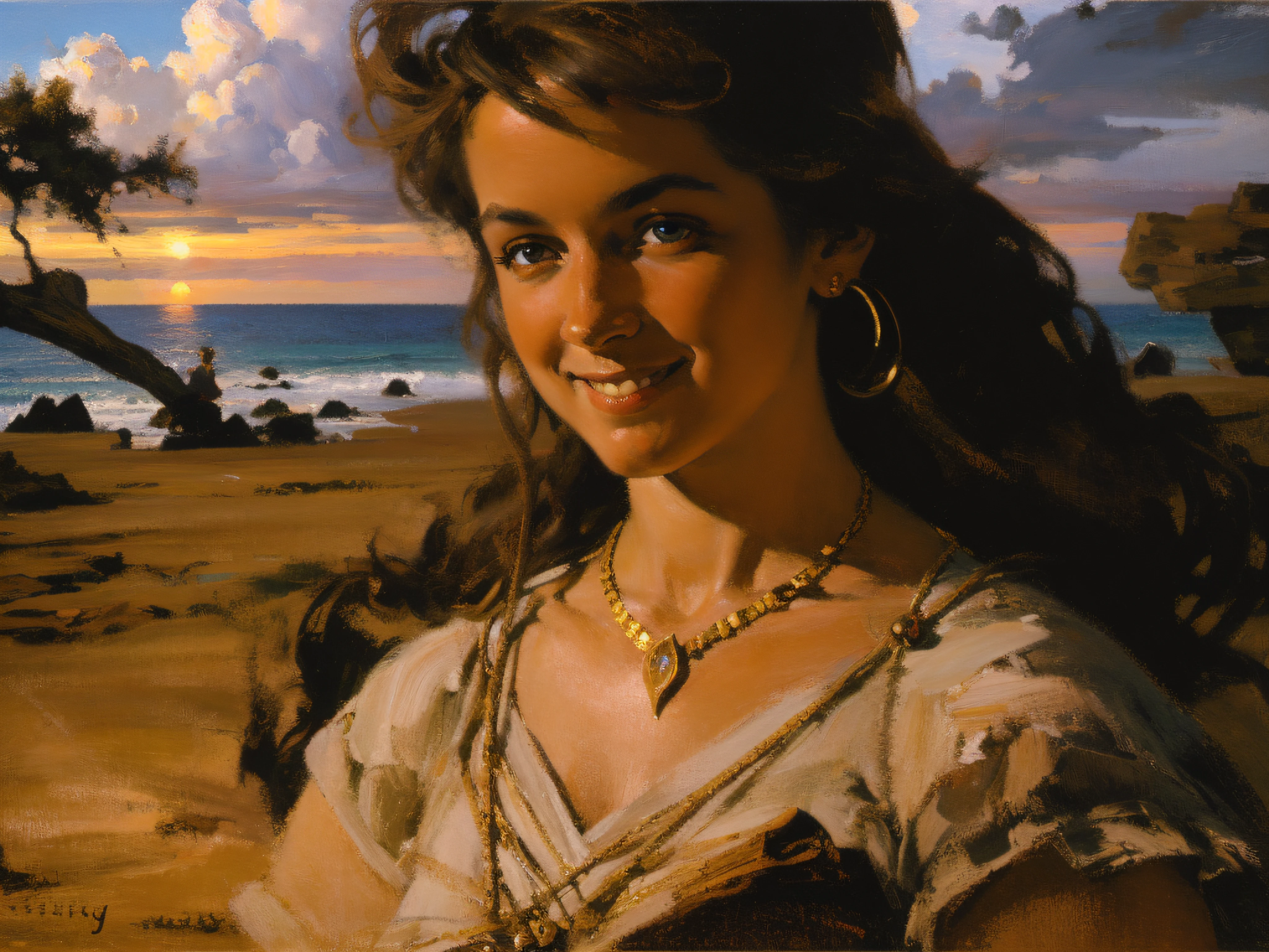 Happy relaxed Smiling young beautiful Blonde woman, at the sea, by sunset, oil on canvas, oil painting, James Gurney, close up, smooth, hyper detailed, natural looking, life like, photo realistic, maximalist, wallpaper, masterpiece, 32k resolution, hyper realistic, best quality, ultra quality, Epic, cinematic, brilliant, stunning, intricate, meticulously detailed, dramatic, atmospheric, digital matte painting, colorful, bright colors, complementary colors, golden hour, volumetric lightning, soft lightning