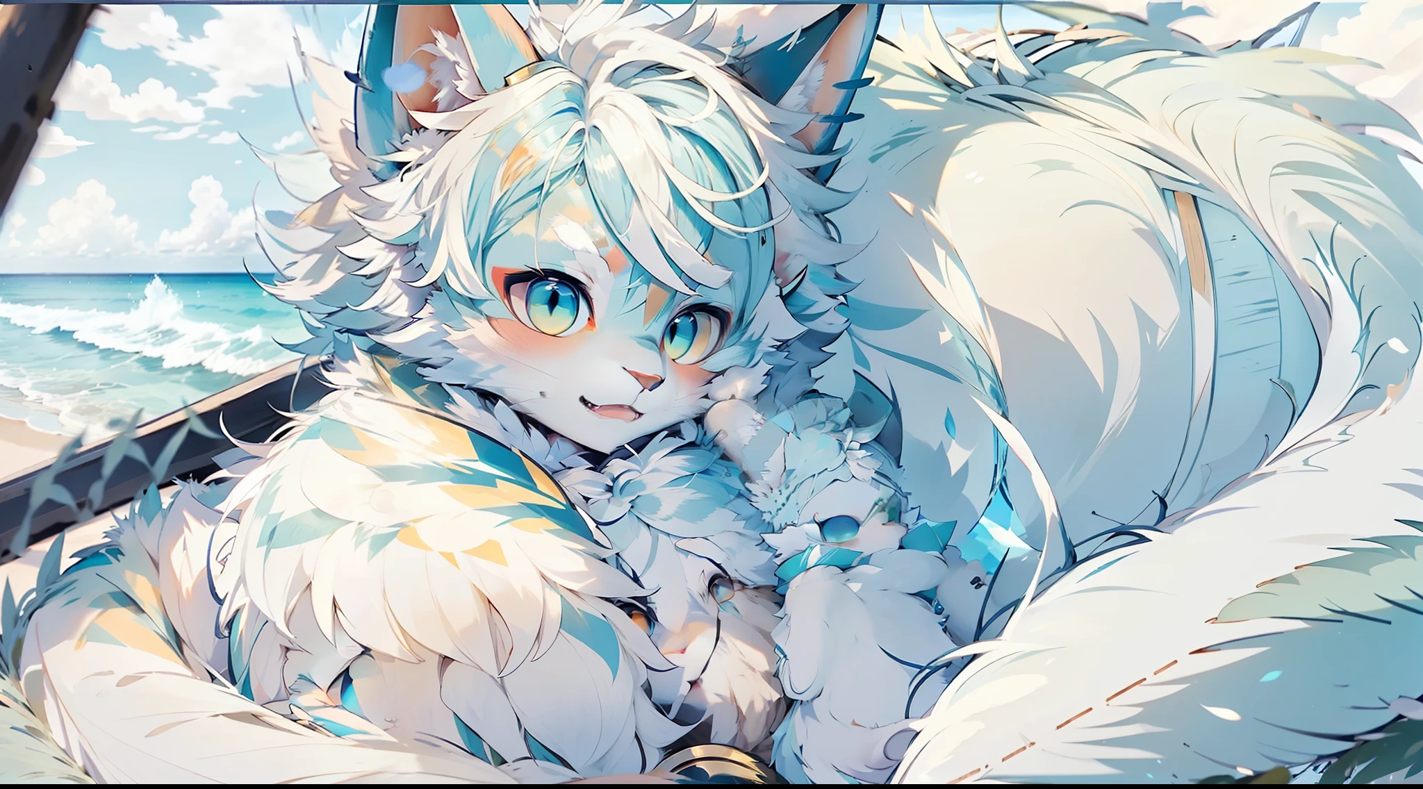 Bluish white fur,furry,By the beach,Cat-eared Shota,PC Wallpapers