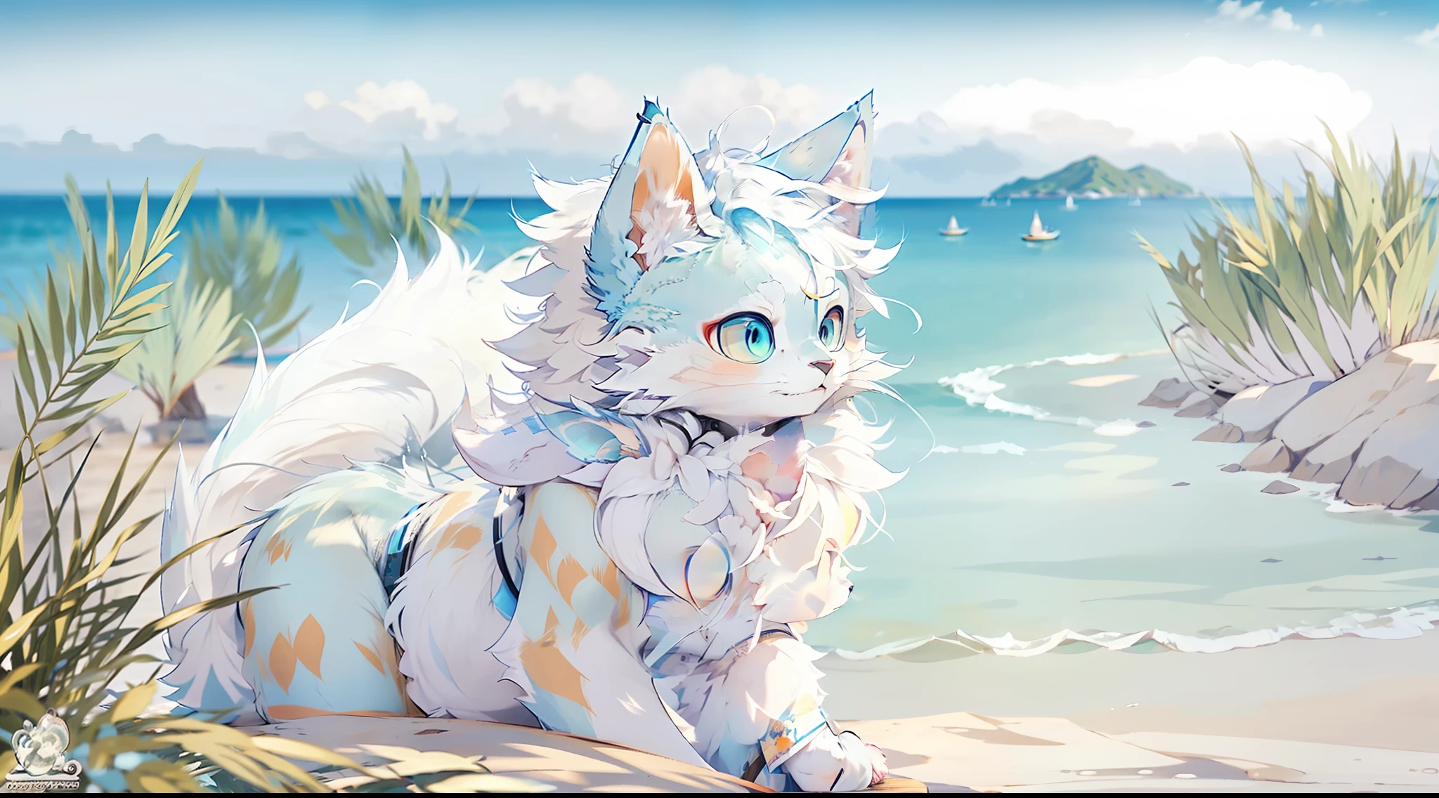 Bluish white fur,furry,By the beach,Cat-eared Shota,PC Wallpapers